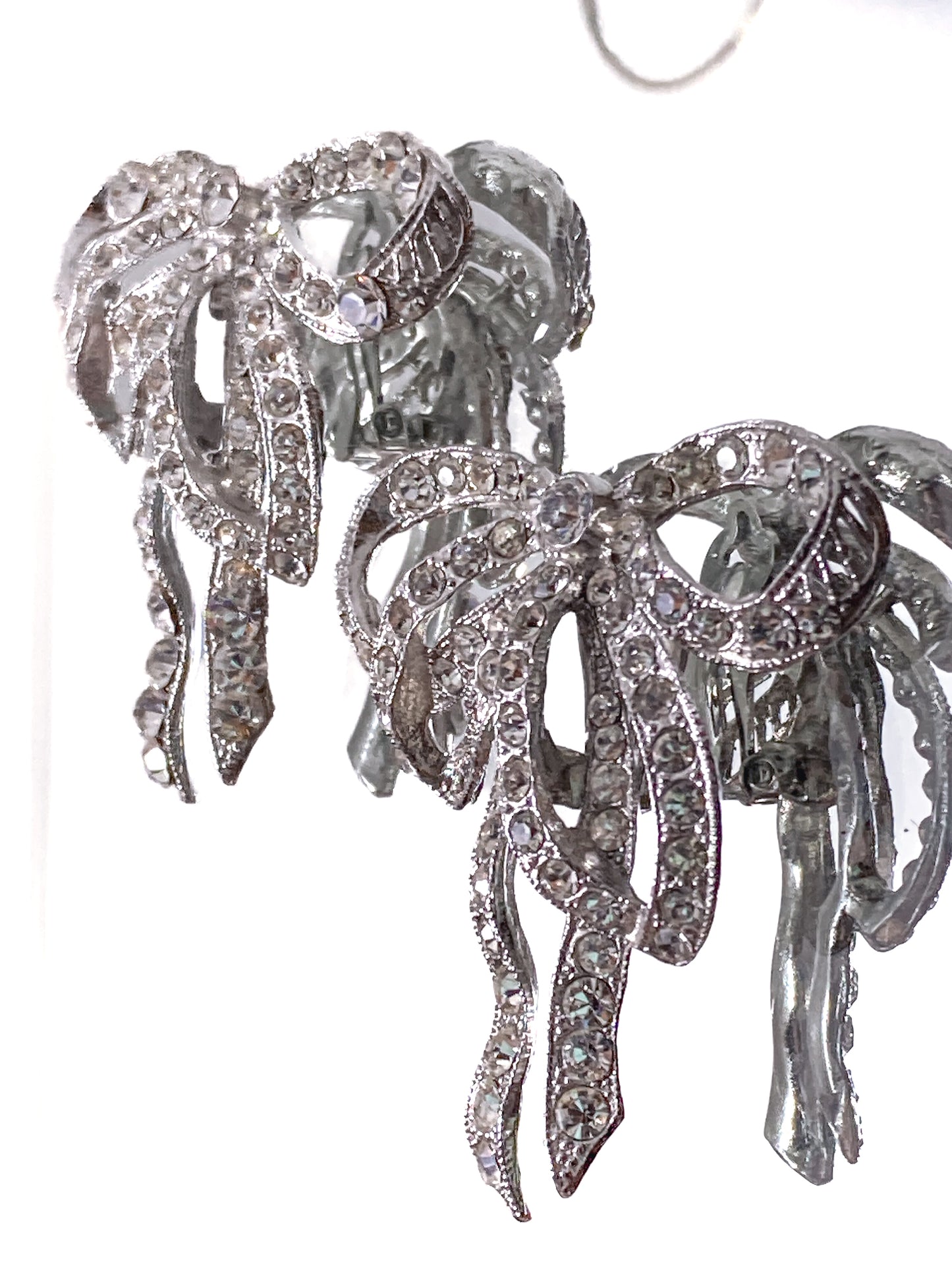 Vintage Rhodium Plated Rhinestone Double Loop Bow Statement Clip On Earrings