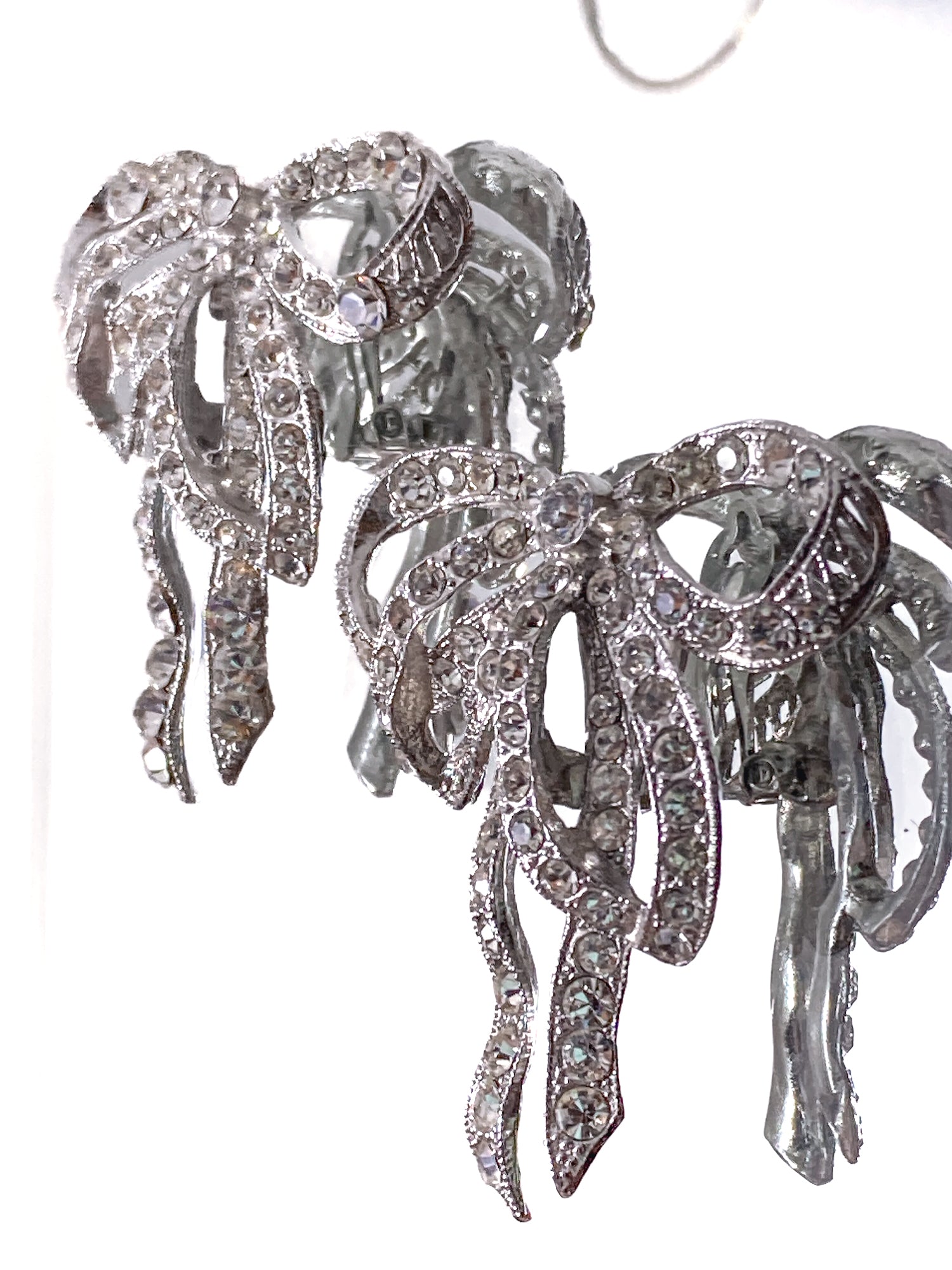 Vintage Rhodium Plated Rhinestone Double Loop Bow Statement Clip On Earrings