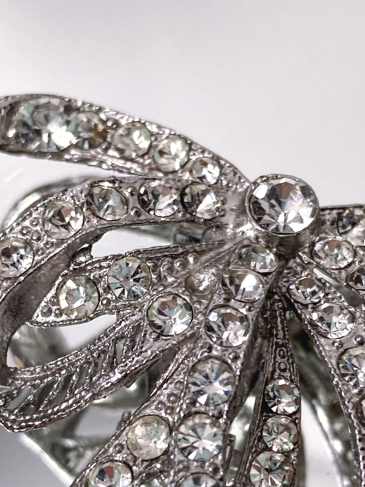 Vintage Rhodium Plated Rhinestone Double Loop Bow Statement Clip On Earrings
