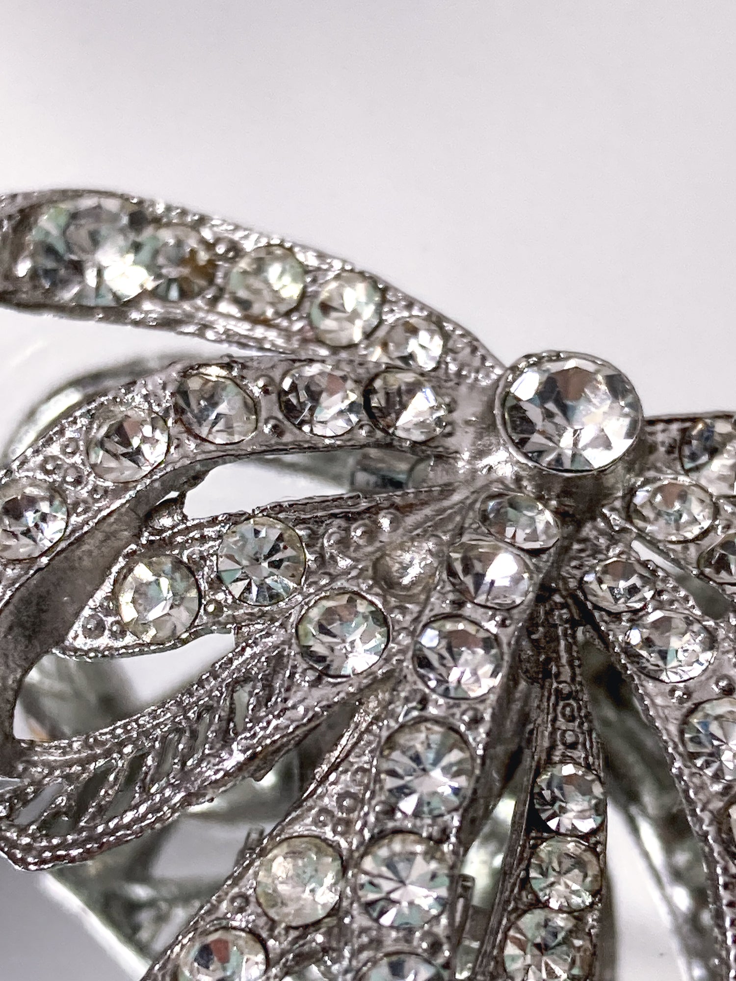 Vintage Rhodium Plated Rhinestone Double Loop Bow Statement Clip On Earrings