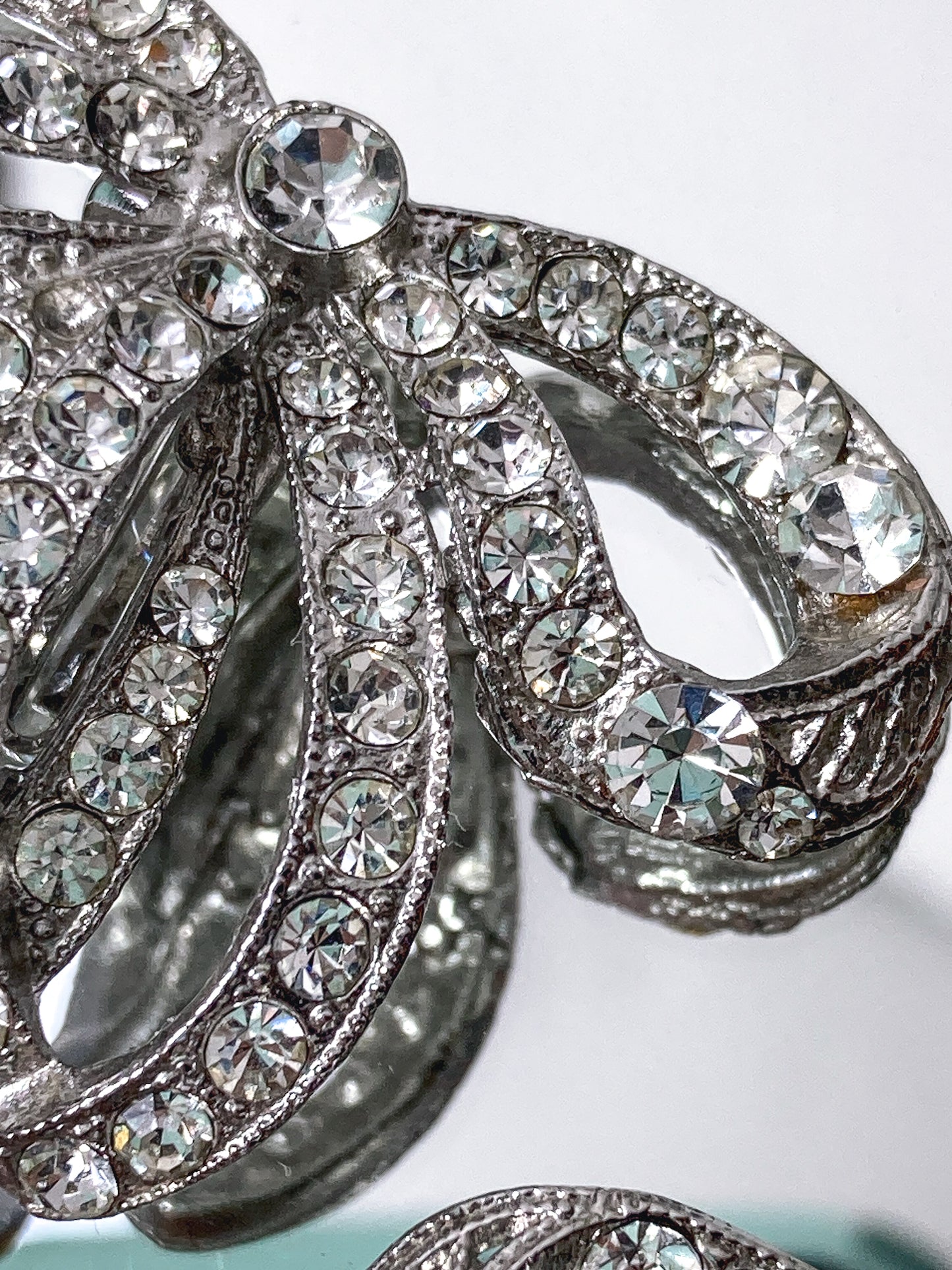 Vintage Rhodium Plated Rhinestone Double Loop Bow Statement Clip On Earrings