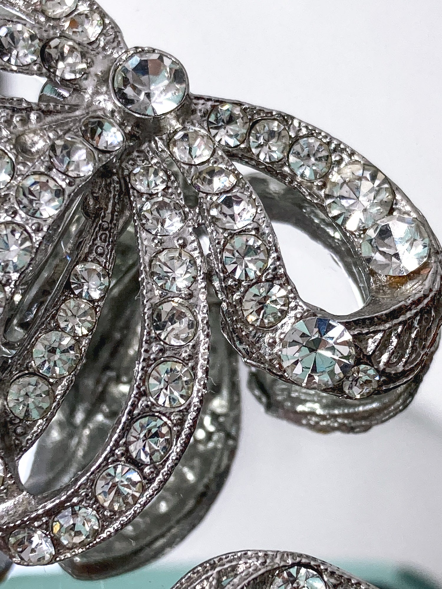Vintage Rhodium Plated Rhinestone Double Loop Bow Statement Clip On Earrings