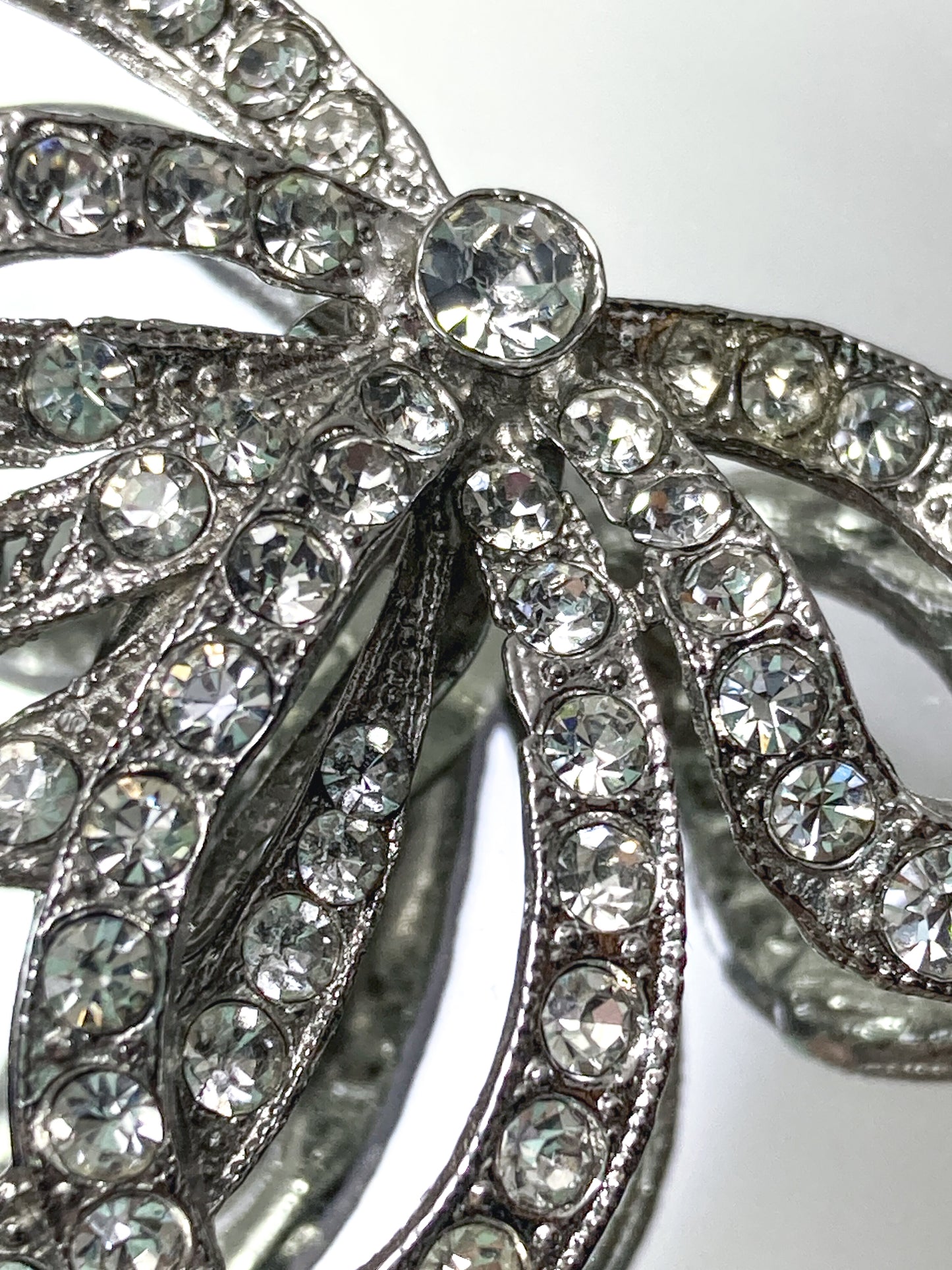 Vintage Rhodium Plated Rhinestone Double Loop Bow Statement Clip On Earrings