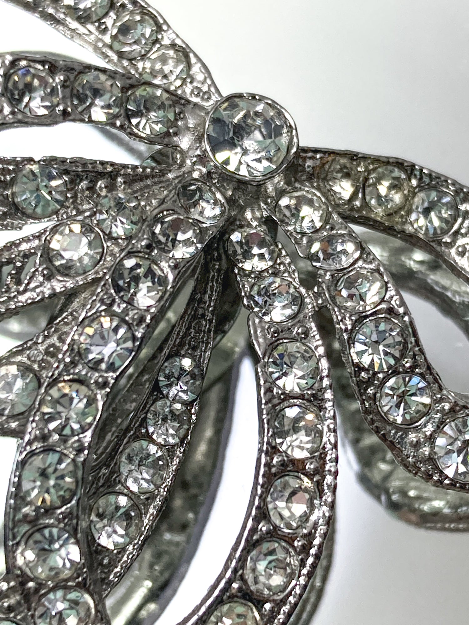 Vintage Rhodium Plated Rhinestone Double Loop Bow Statement Clip On Earrings