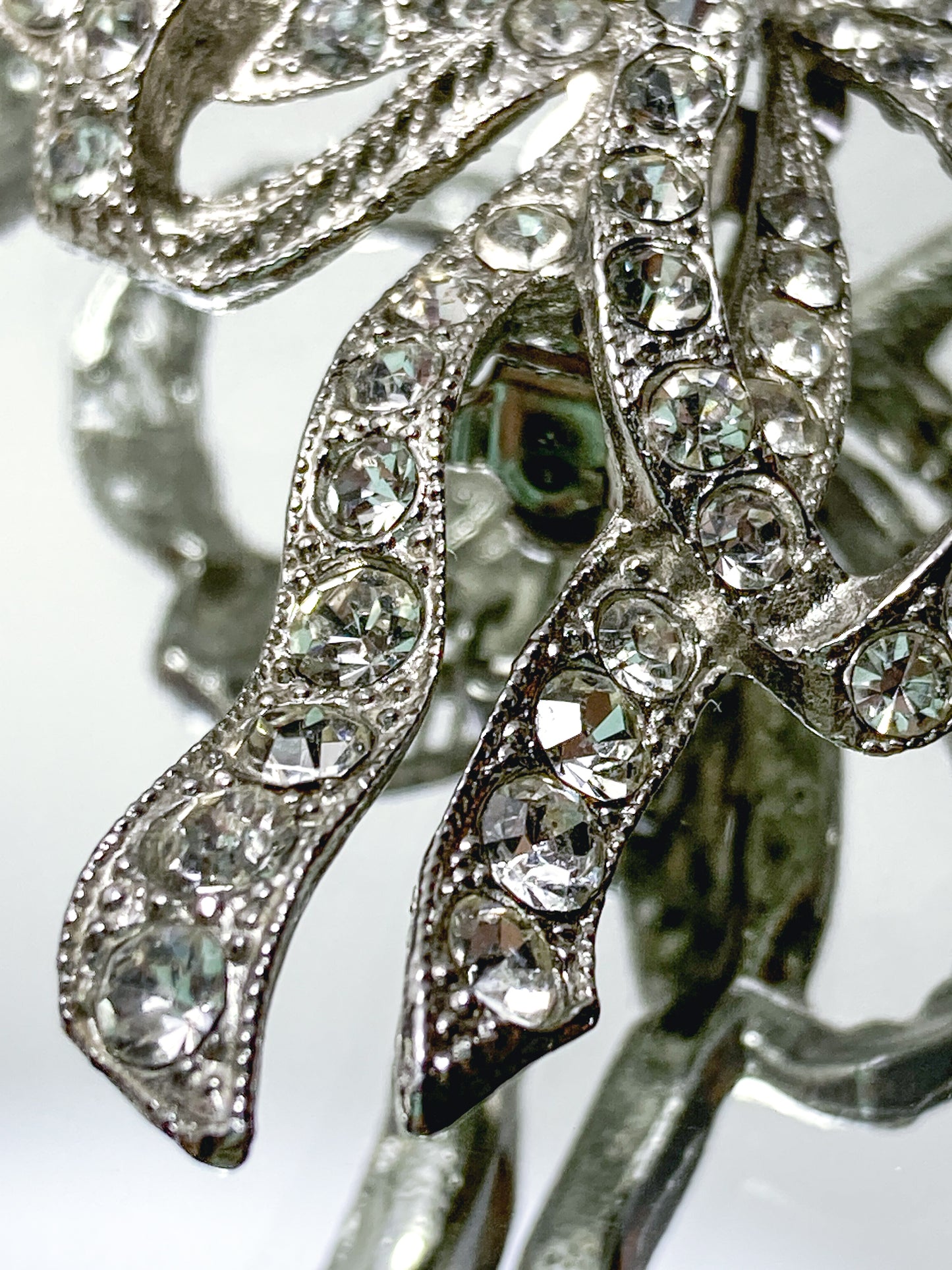 Vintage Rhodium Plated Rhinestone Double Loop Bow Statement Clip On Earrings