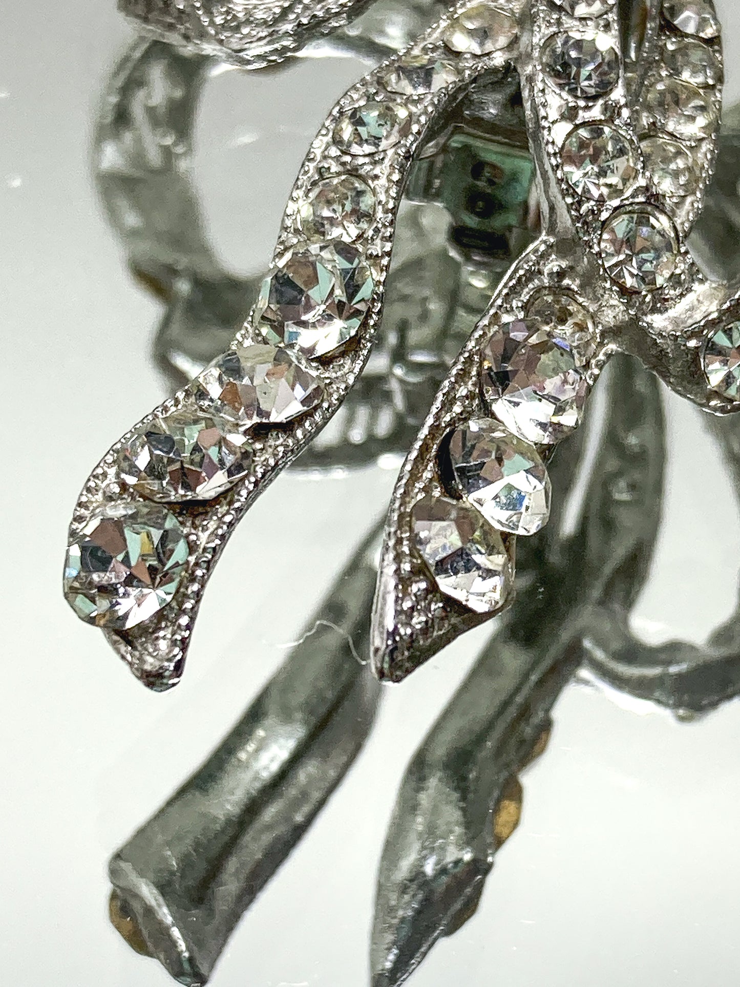 Vintage Rhodium Plated Rhinestone Double Loop Bow Statement Clip On Earrings