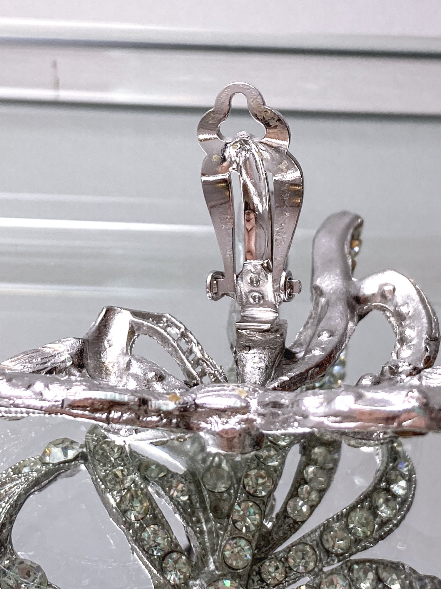 Vintage Rhodium Plated Rhinestone Double Loop Bow Statement Clip On Earrings