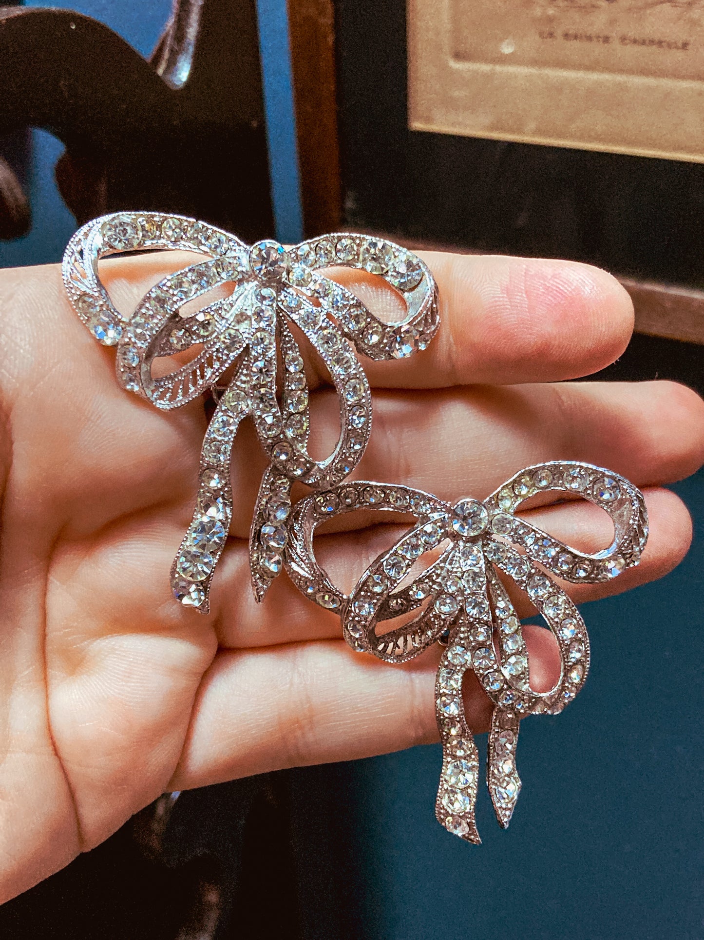 Vintage Rhodium Plated Rhinestone Double Loop Bow Statement Clip On Earrings