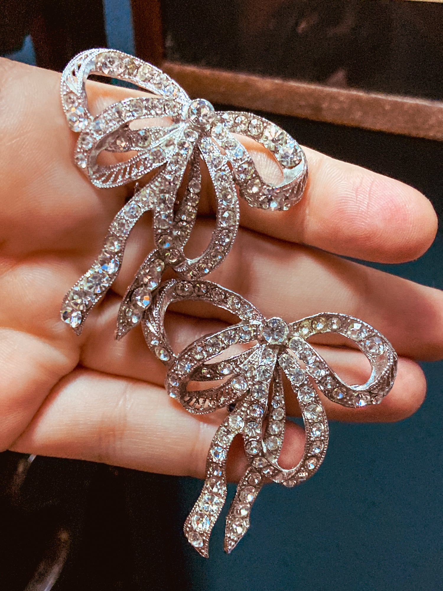Vintage Rhodium Plated Rhinestone Double Loop Bow Statement Clip On Earrings