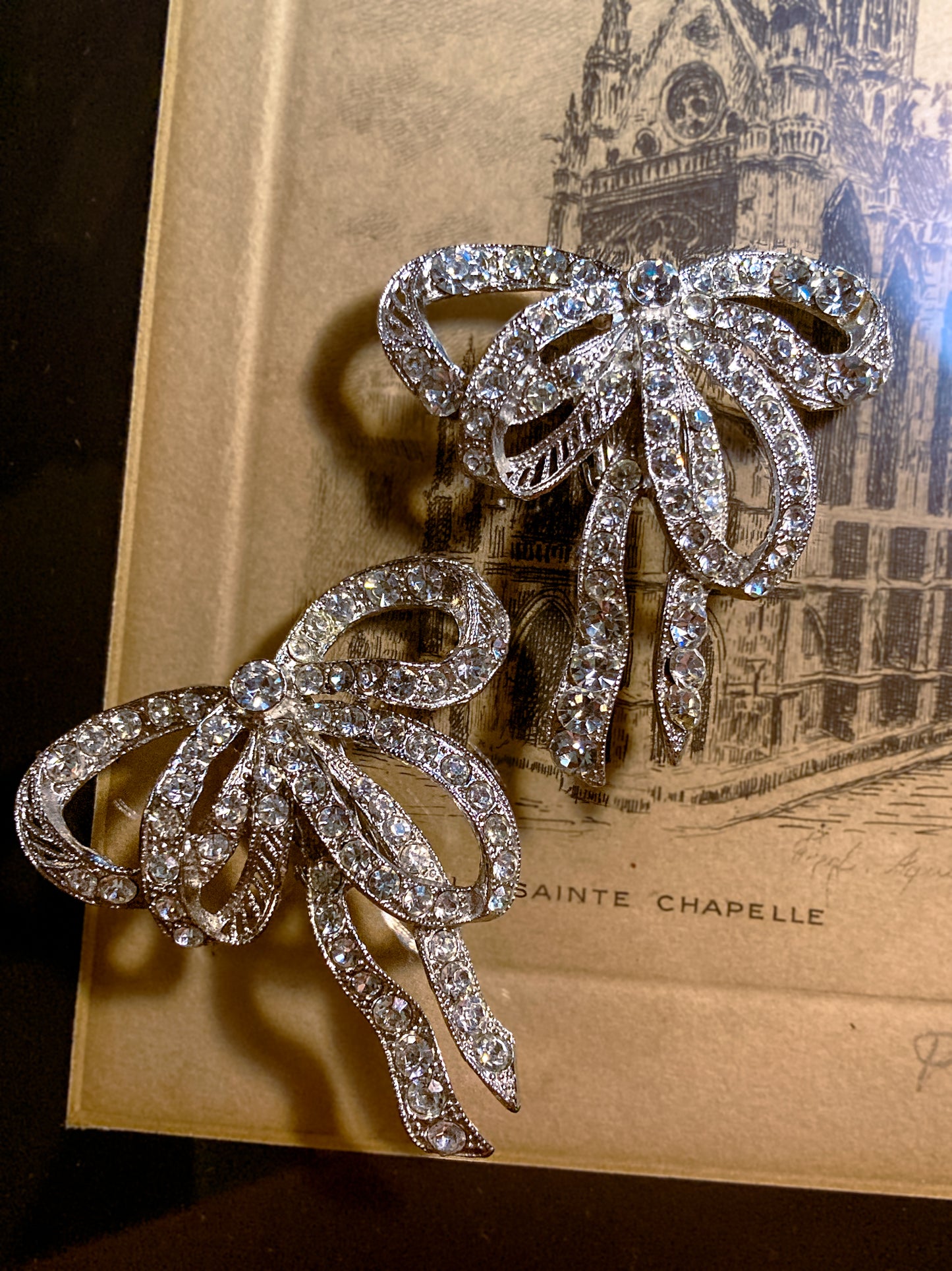 Vintage Rhodium Plated Rhinestone Double Loop Bow Statement Clip On Earrings