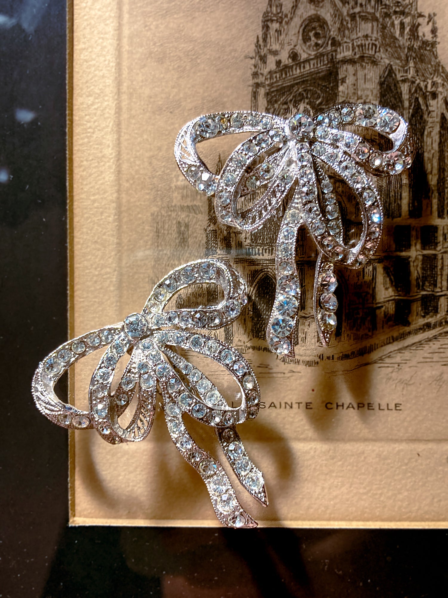 Vintage Rhodium Plated Rhinestone Double Loop Bow Statement Clip On Earrings