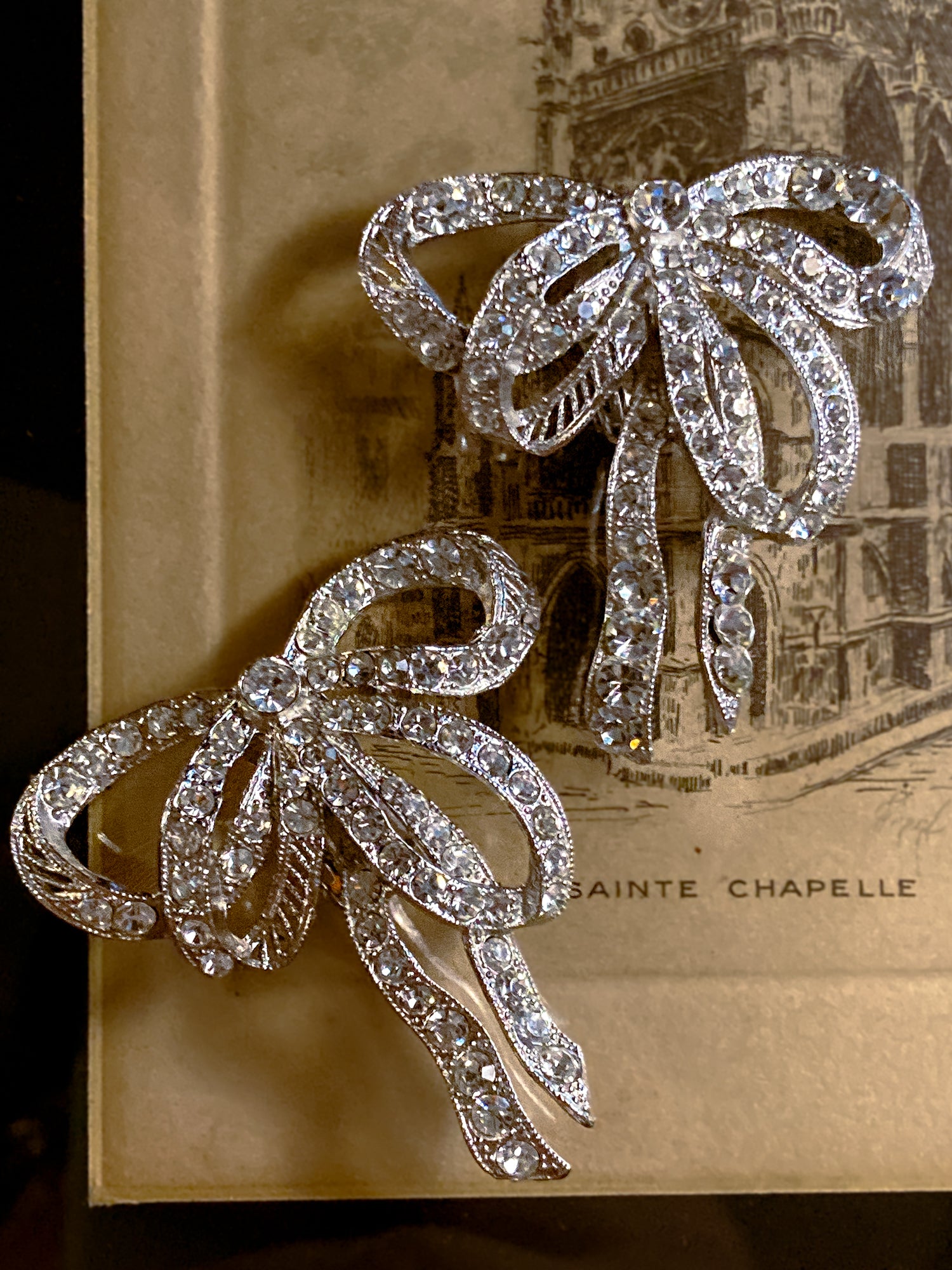 Vintage Rhodium Plated Rhinestone Double Loop Bow Statement Clip On Earrings