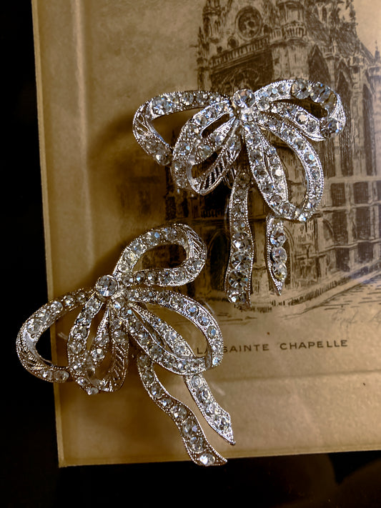 Vintage Rhodium Plated Rhinestone Double Loop Bow Statement Clip On Earrings