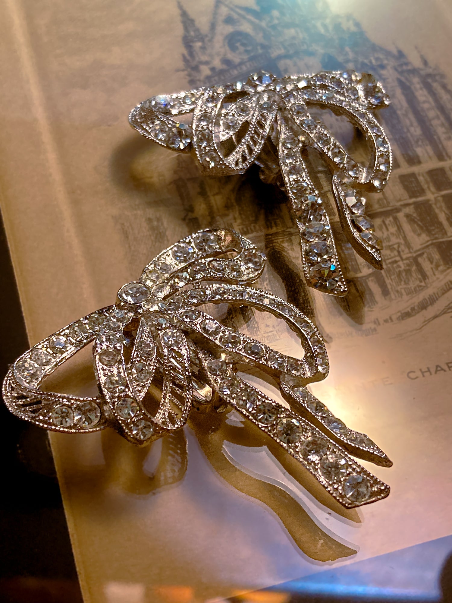 Vintage Rhodium Plated Rhinestone Double Loop Bow Statement Clip On Earrings