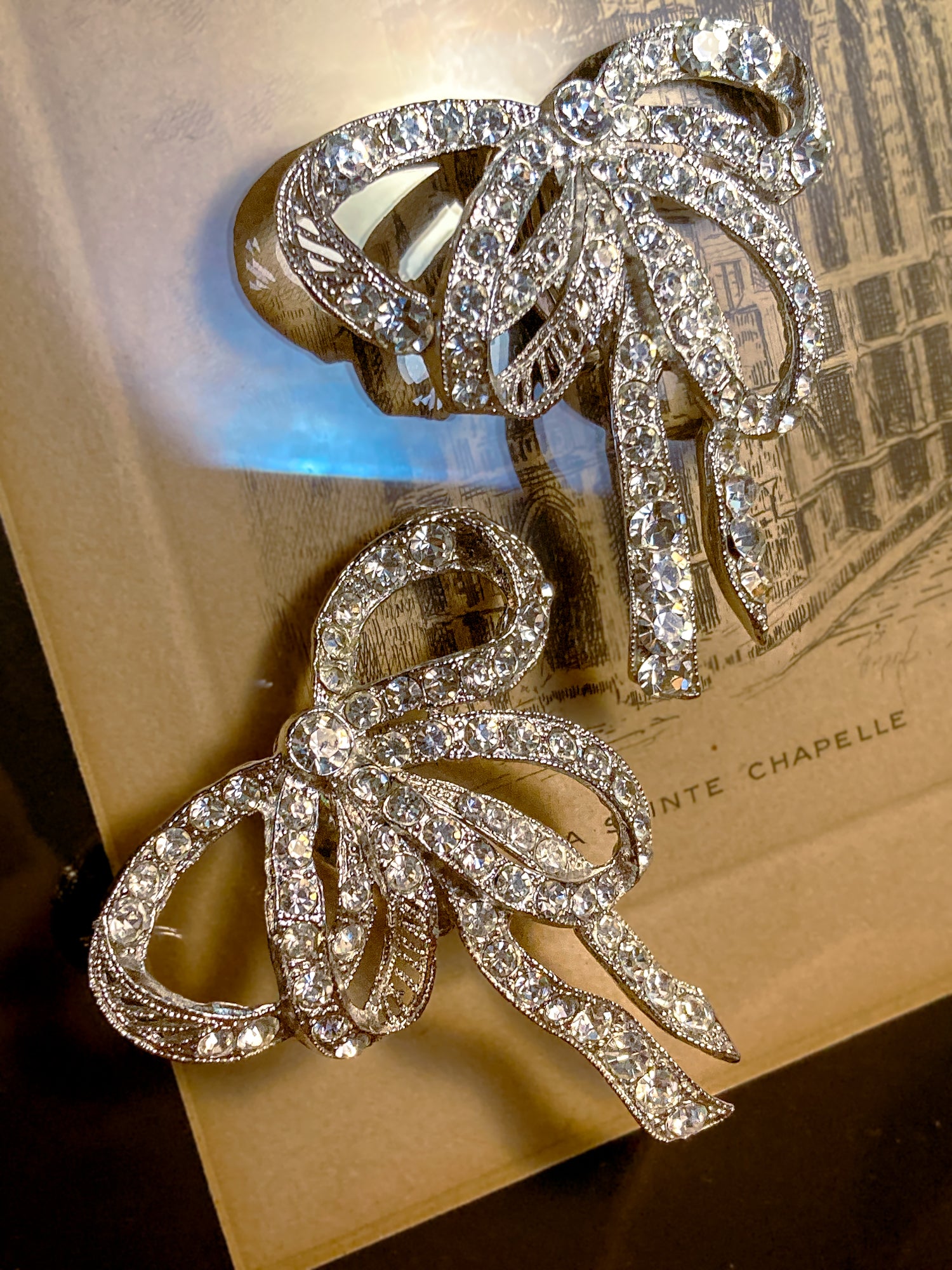 Vintage Rhodium Plated Rhinestone Double Loop Bow Statement Clip On Earrings
