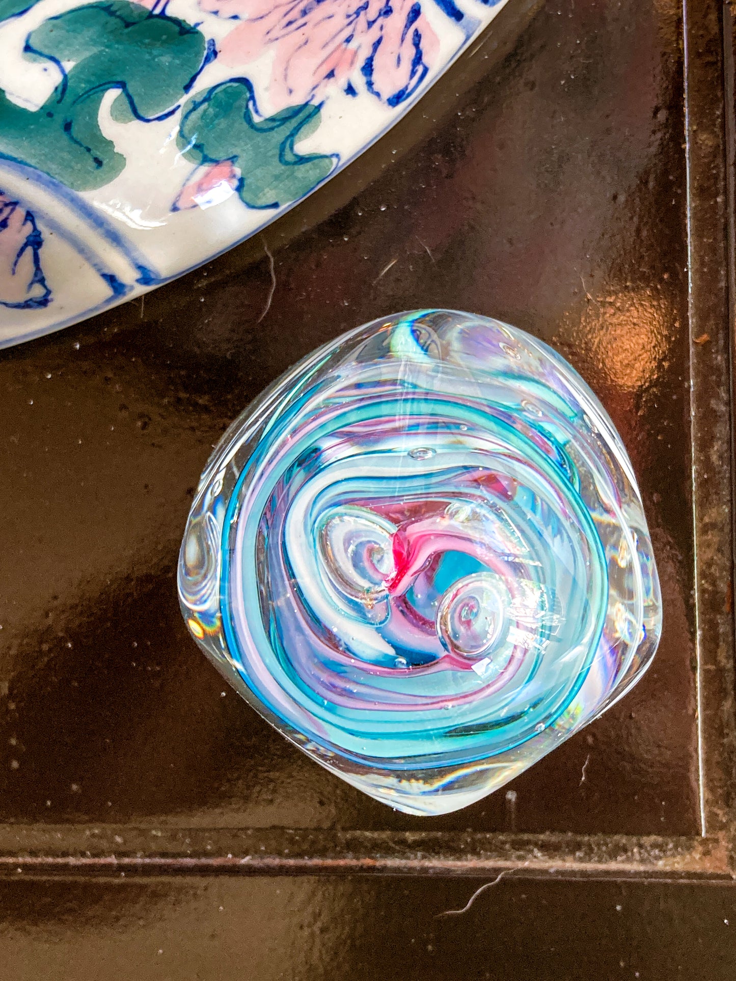 Vintage Robert L Hamon Multicolor Irregular Shaped Handblown Glass Paperweight