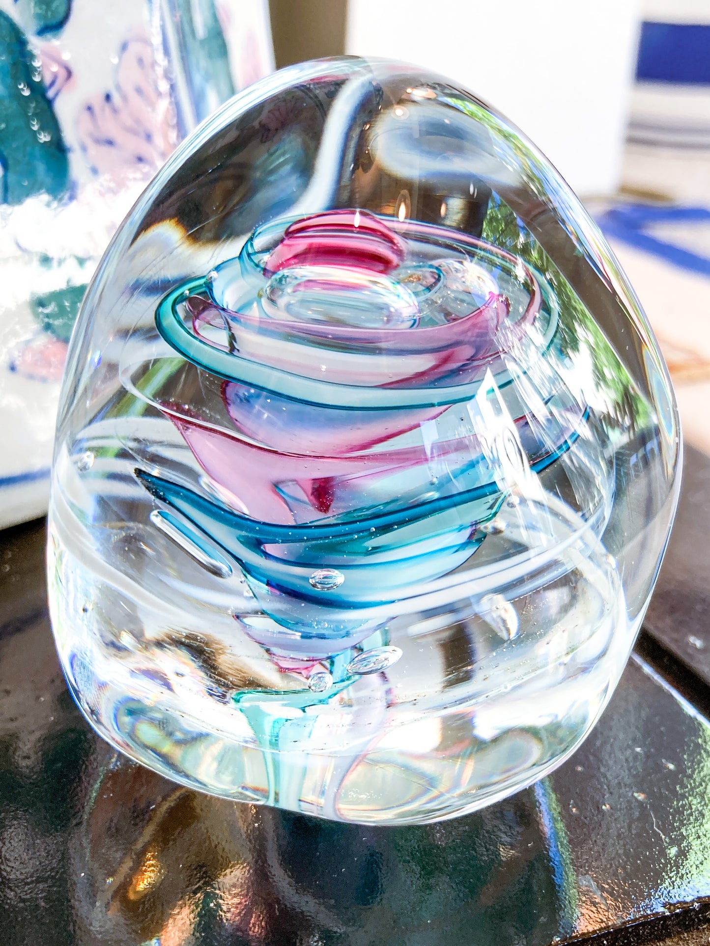 Vintage Robert L Hamon Multicolor Irregular Shaped Handblown Glass Paperweight