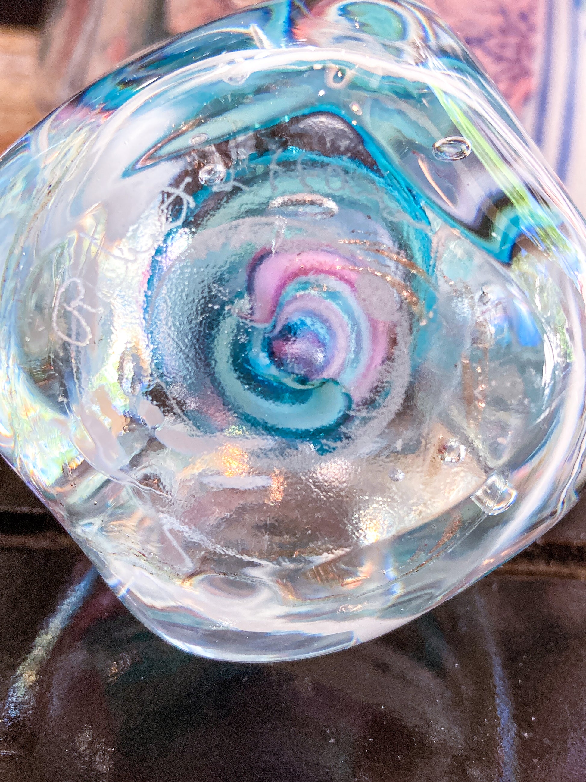 Vintage Robert L Hamon Multicolor Irregular Shaped Handblown Glass Paperweight Bottom