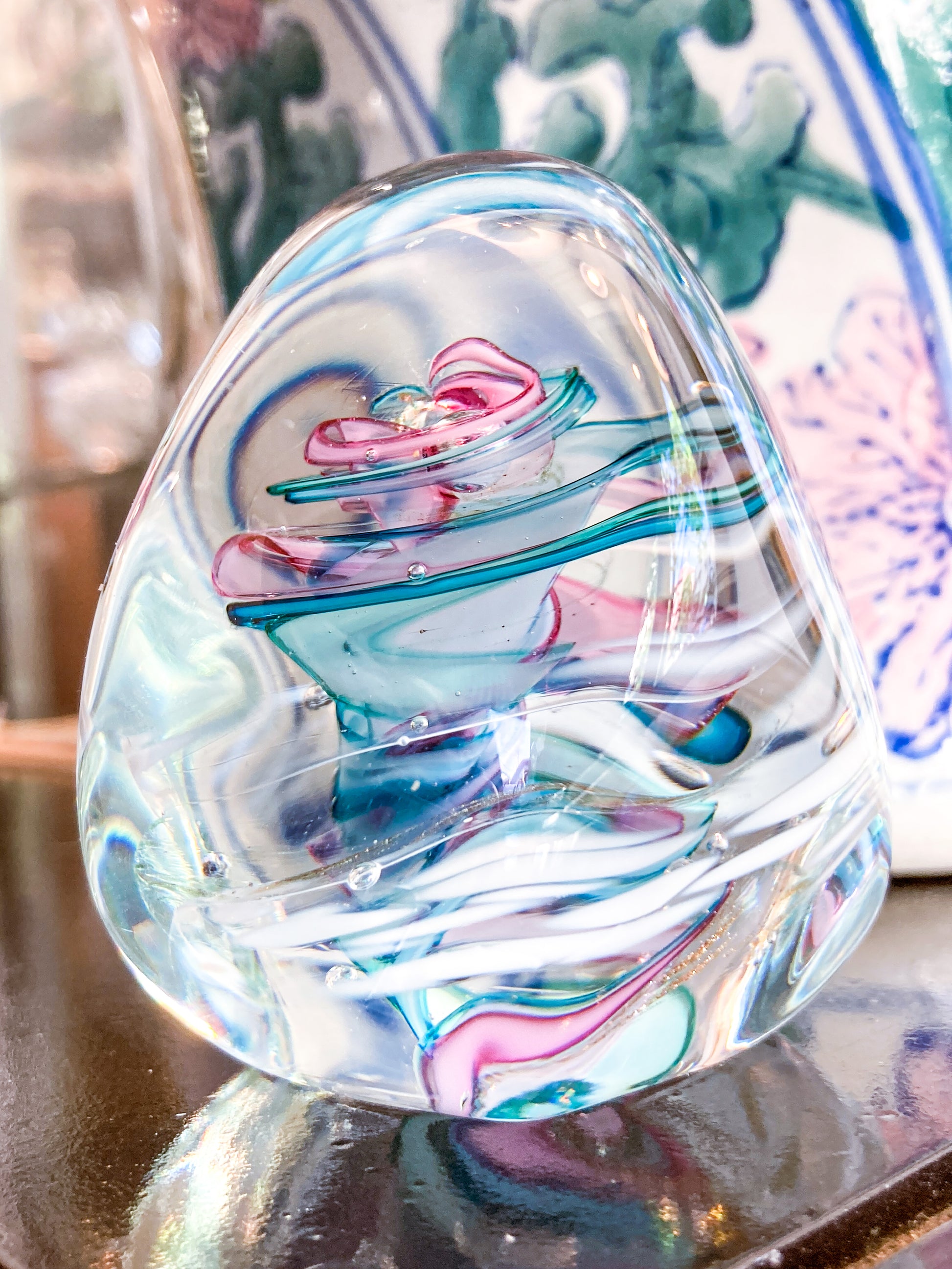 Vintage Robert L Hamon Multicolor Irregular Shaped Handblown Glass Paperweight