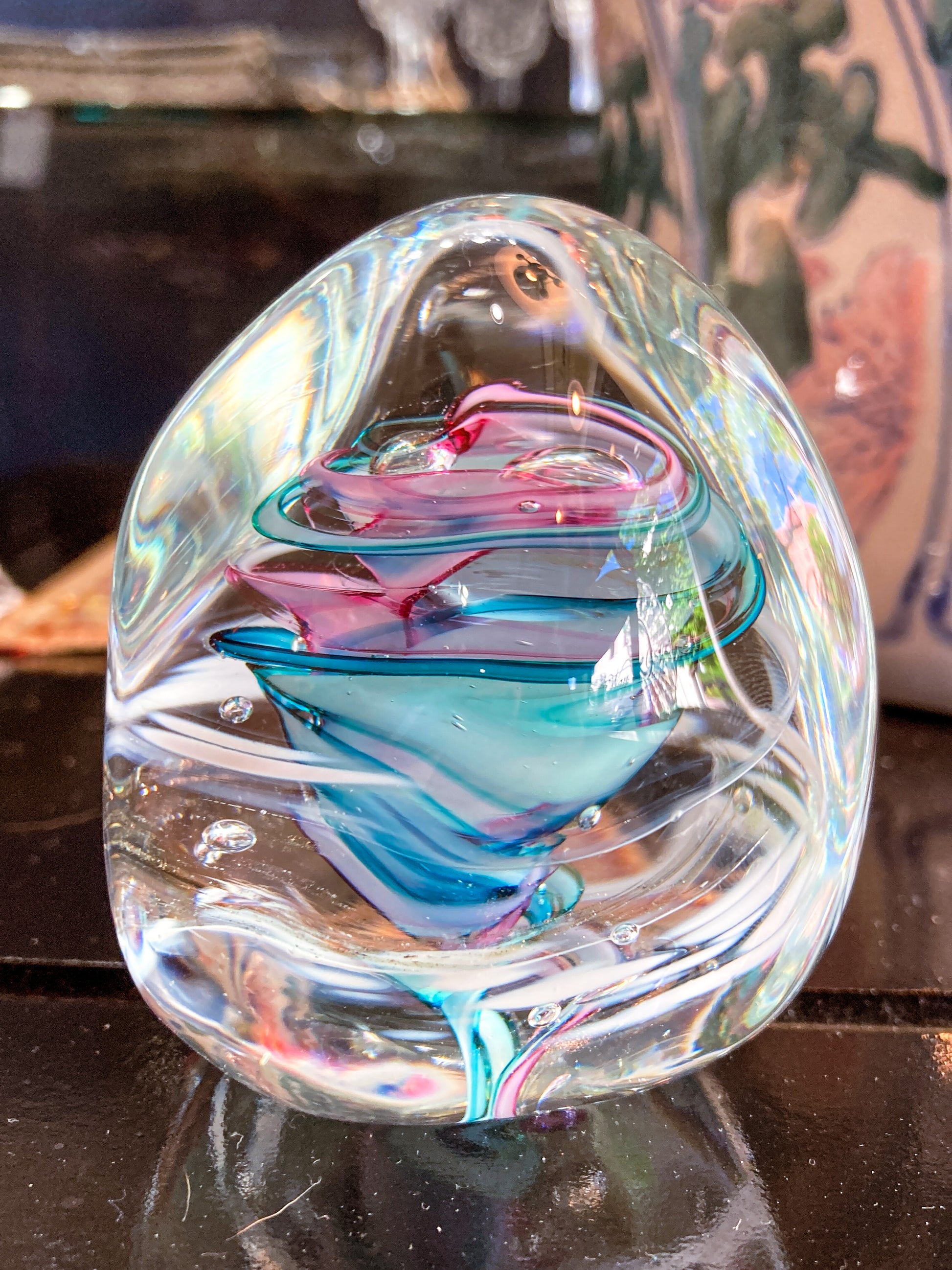 Vintage Robert L Hamon Multicolor Irregular Shaped Handblown Glass Paperweight