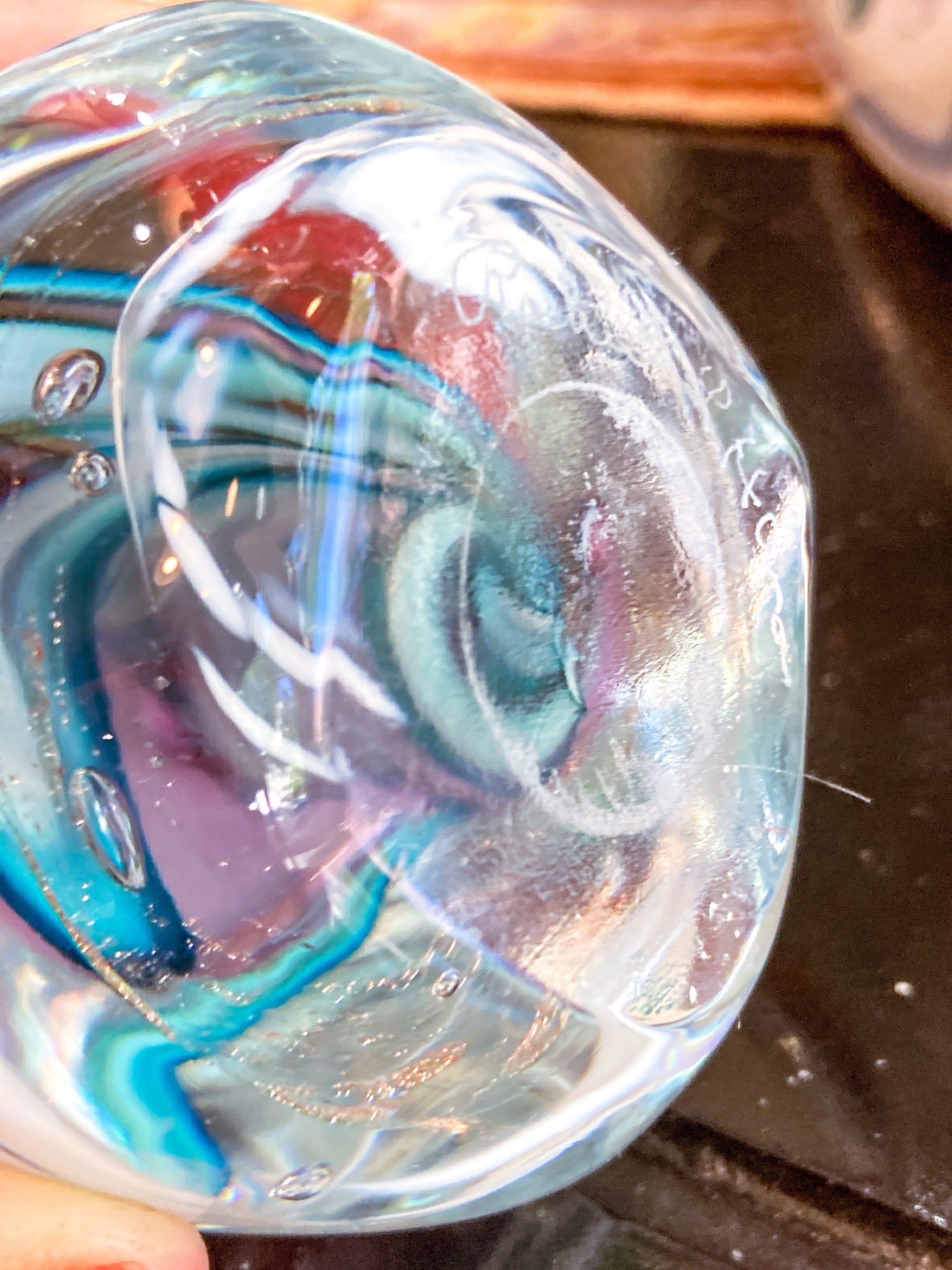 Vintage Robert L Hamon Multicolor Irregular Shaped Handblown Glass Paperweight Bottom Signature