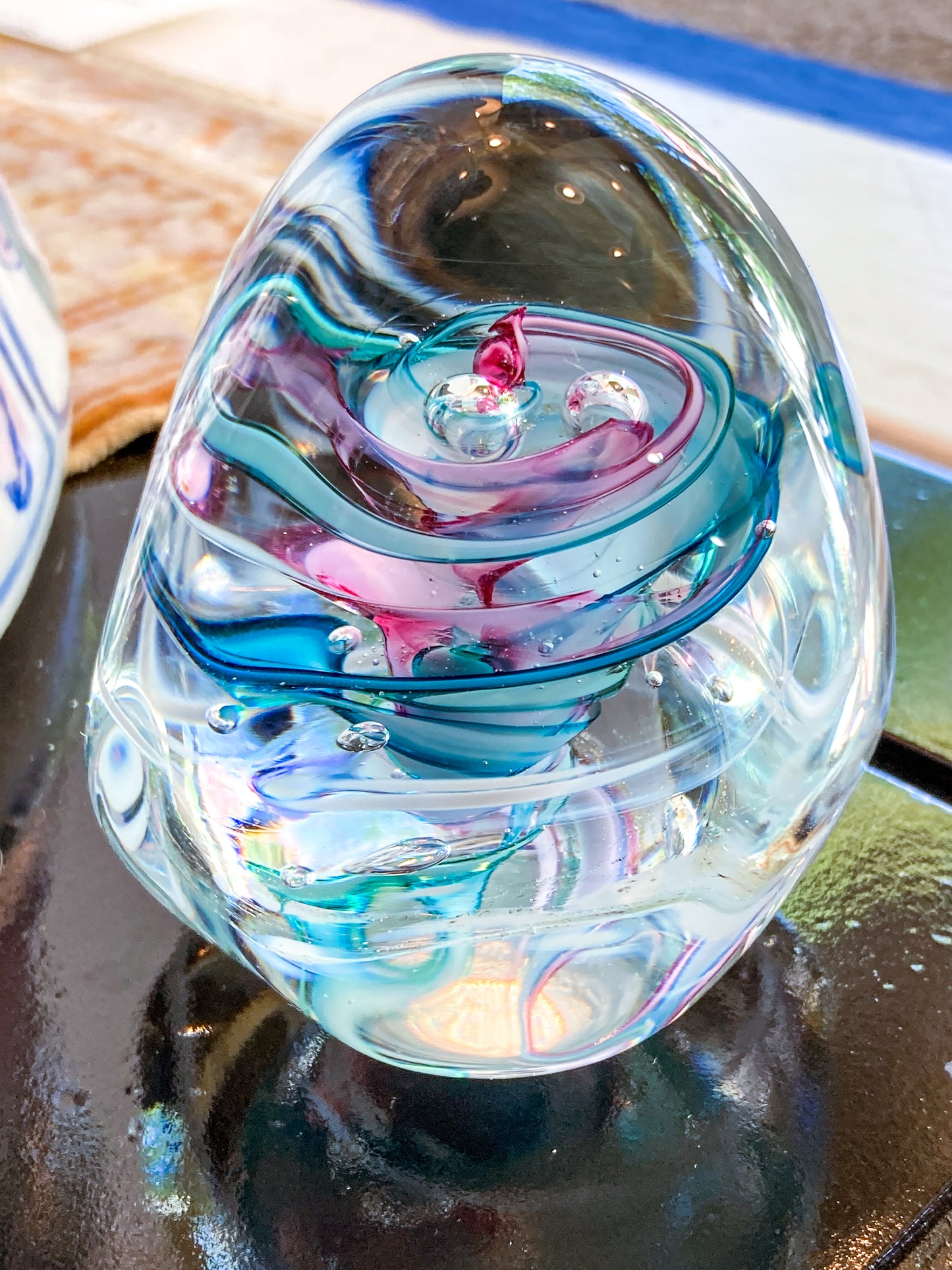 Vintage Robert L Hamon Multicolor Irregular Shaped Handblown Glass Paperweight