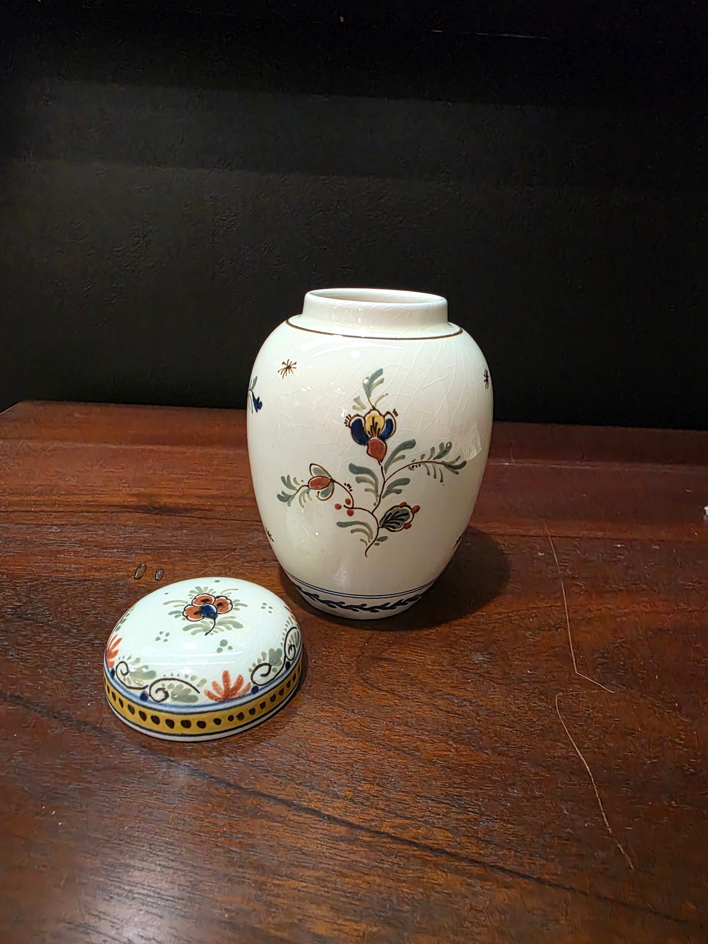 Vintage Royal Delft Floral Polychrome Earthenware Small Lidded Tea Caddy Jar