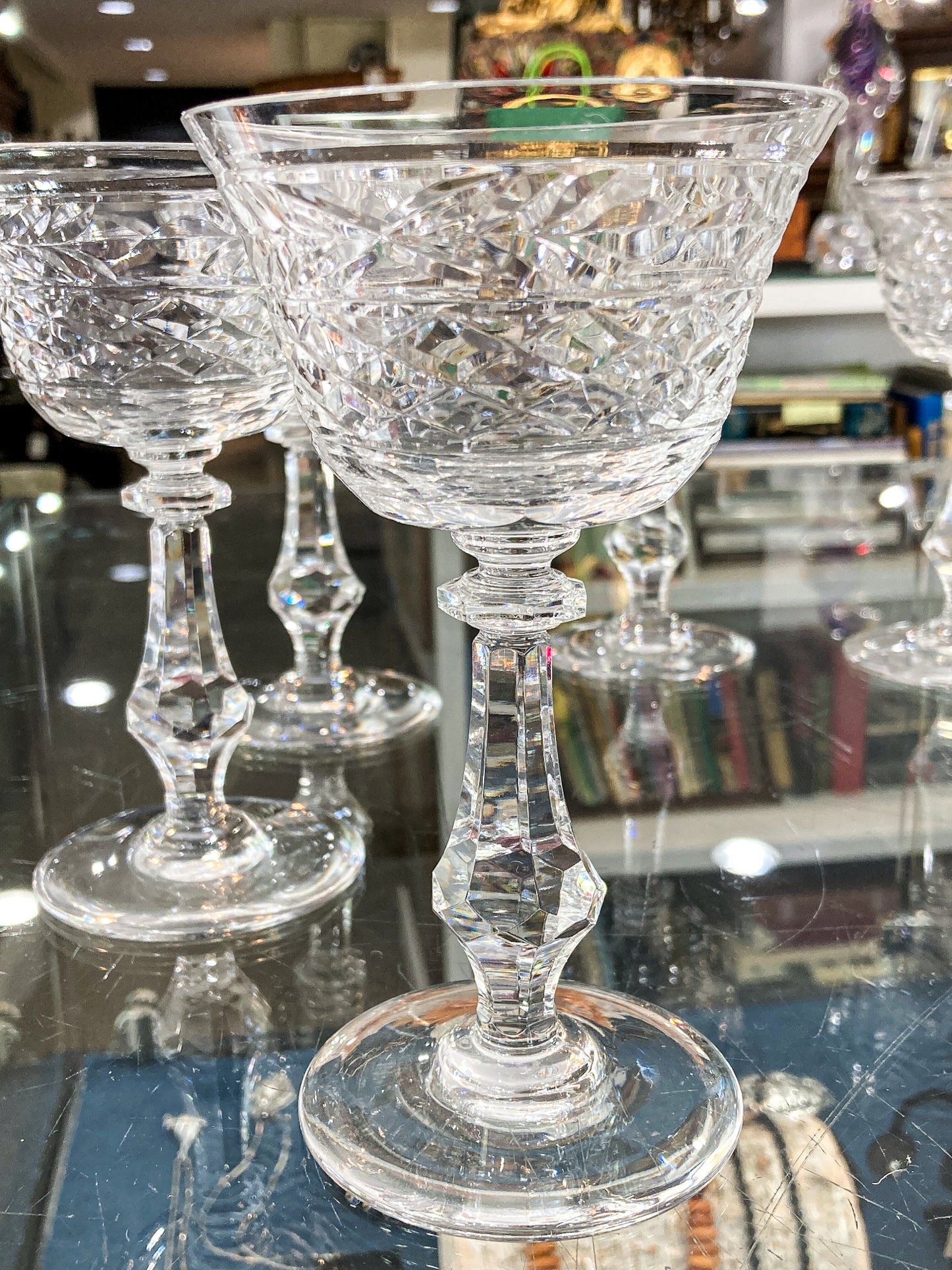 Set of Eight Vintage Engraved Clear Glass Stemmed Cocktail Glasses