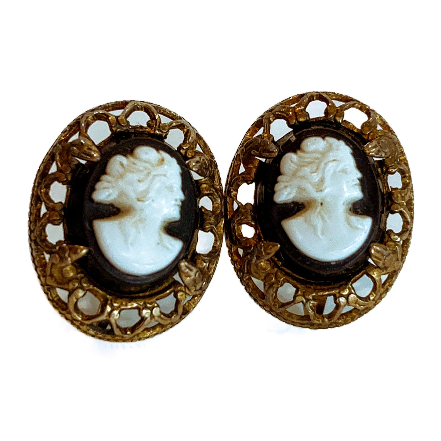 Vintage Black Cameo Filigree Gold-tone Sterling Silver Screwback Earrings White Background 2