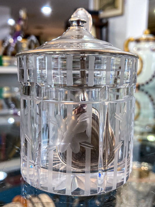 Vintage Sterling Silver Lidded Clear Etched Glass American Mustard Pot Jar