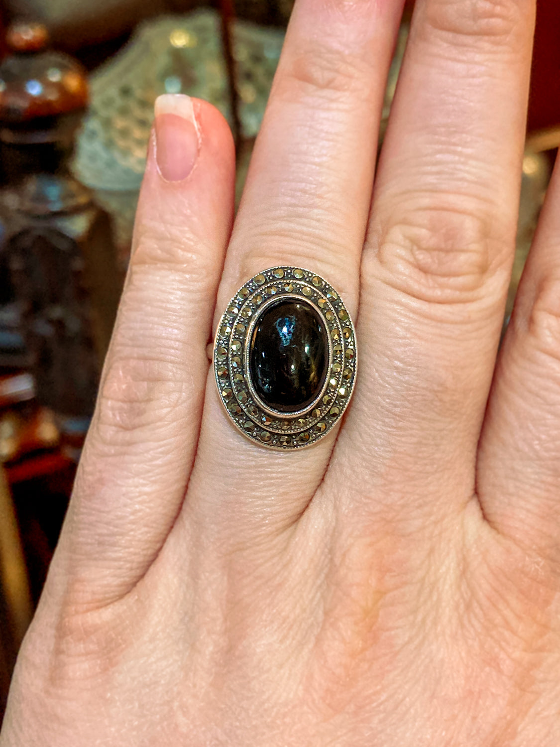 Vintage Sterling Silver Tiered Marcasite Black Oval Cabochon Ring