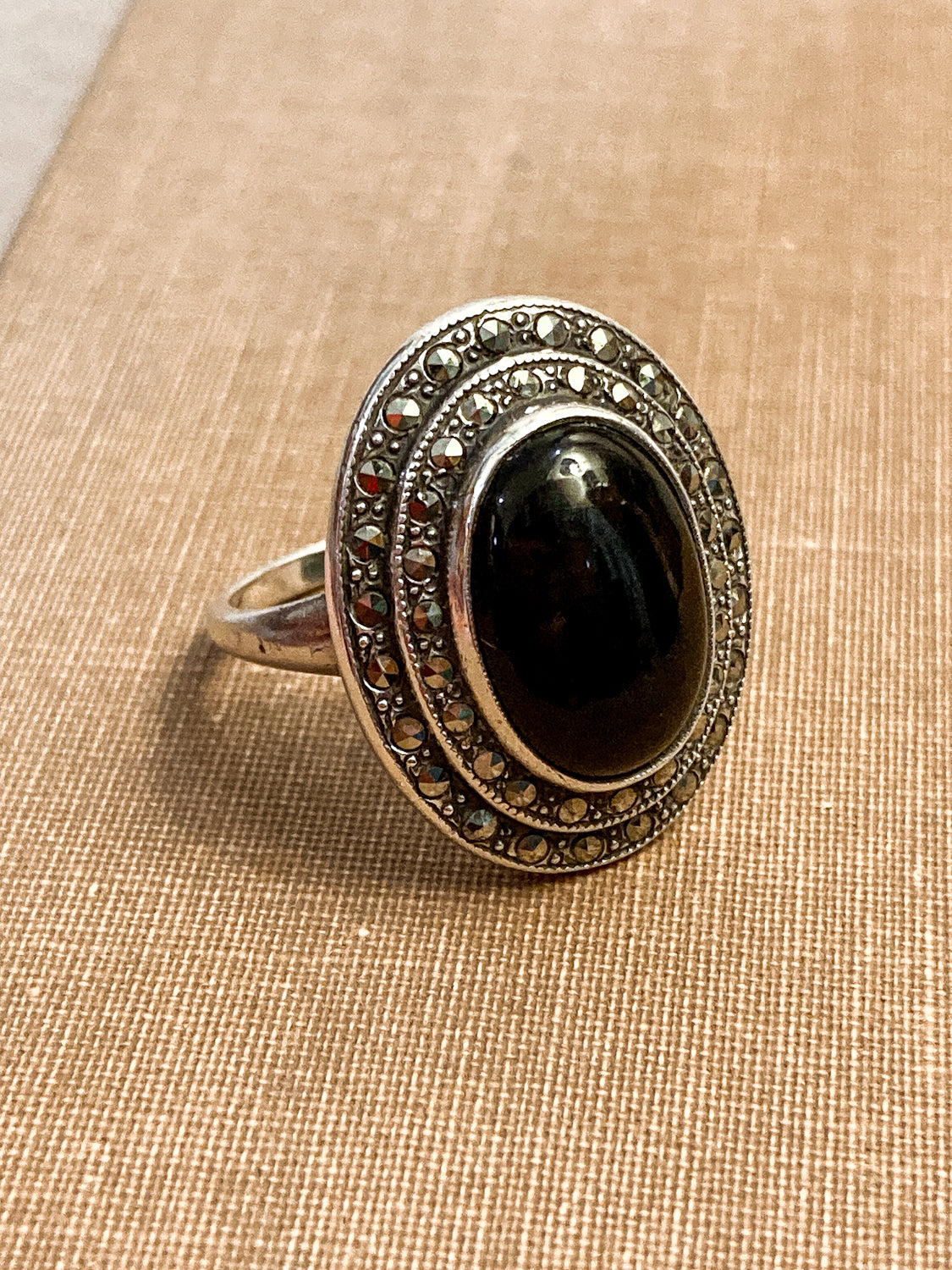 Vintage Sterling Silver Tiered Marcasite Black Oval Cabochon Ring