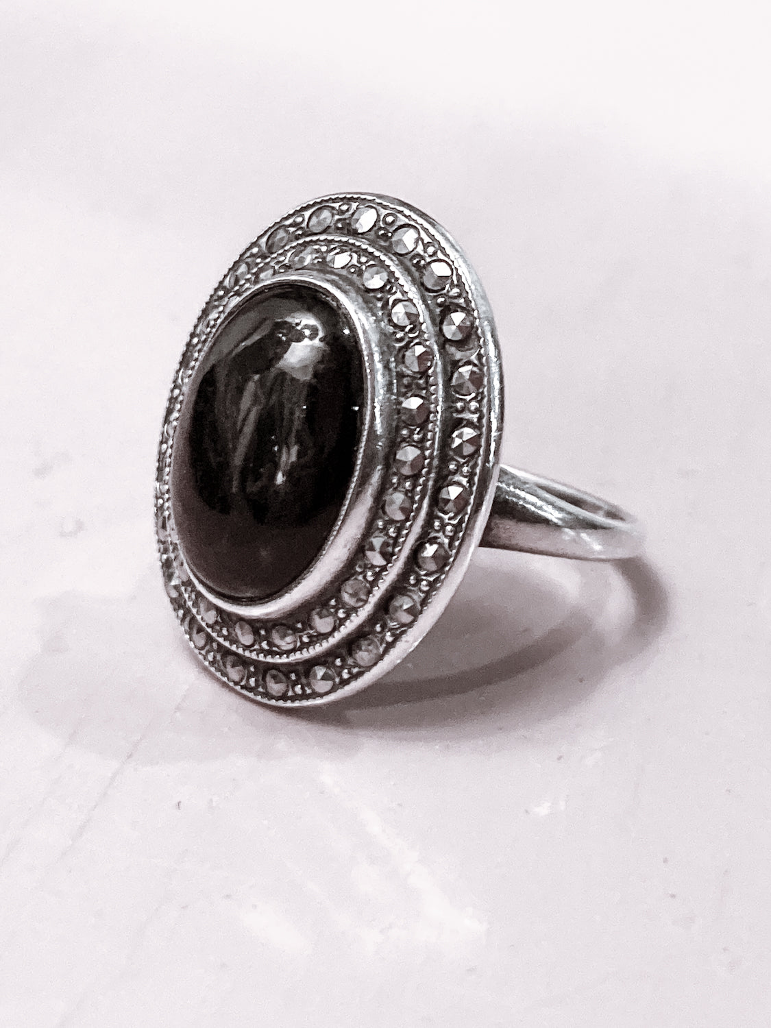 Vintage Sterling Silver Tiered Marcasite Black Oval Cabochon Ring