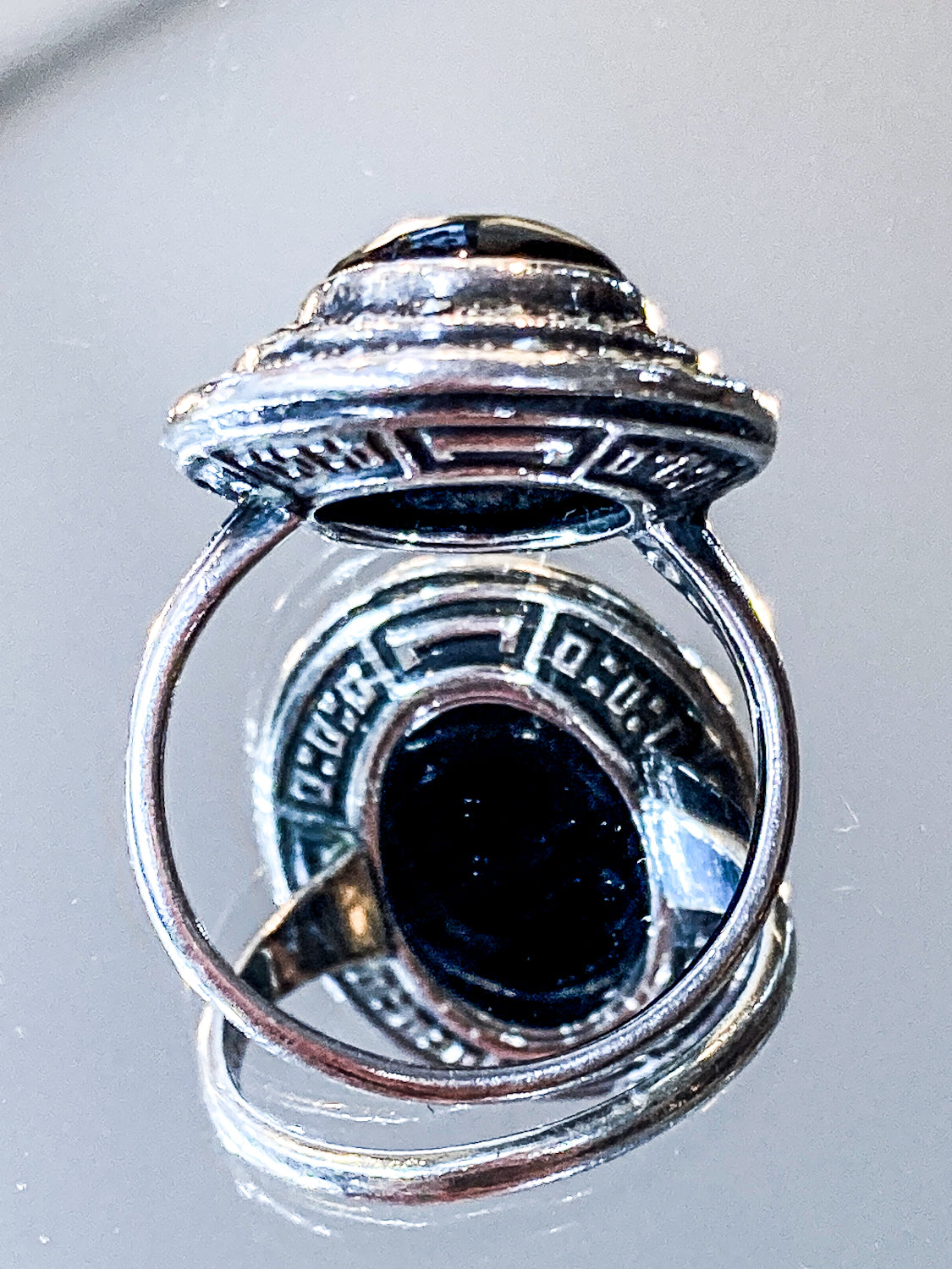 Vintage Sterling Silver Tiered Marcasite Black Oval Cabochon Ring