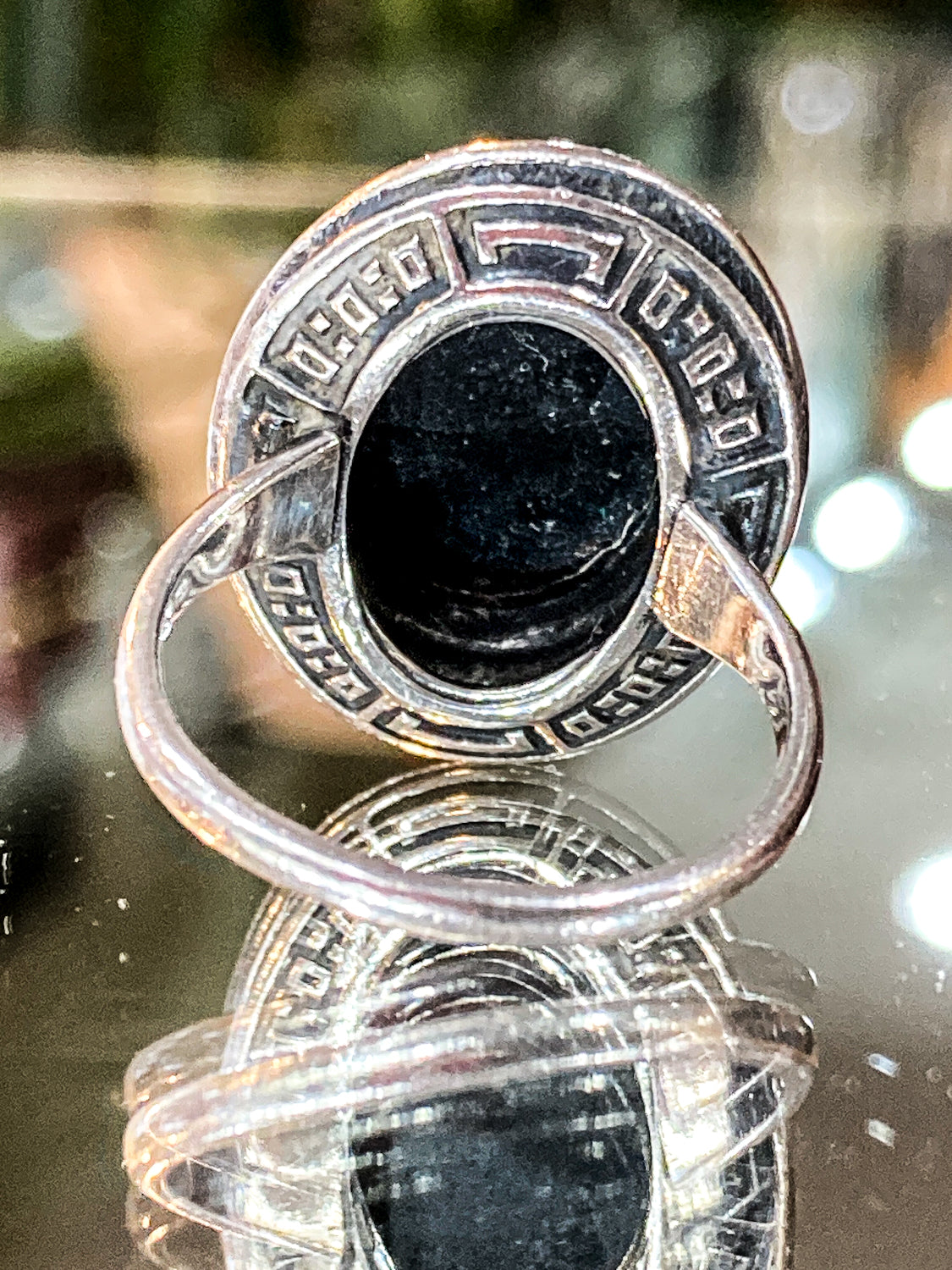 Vintage Sterling Silver Tiered Marcasite Black Oval Cabochon Ring