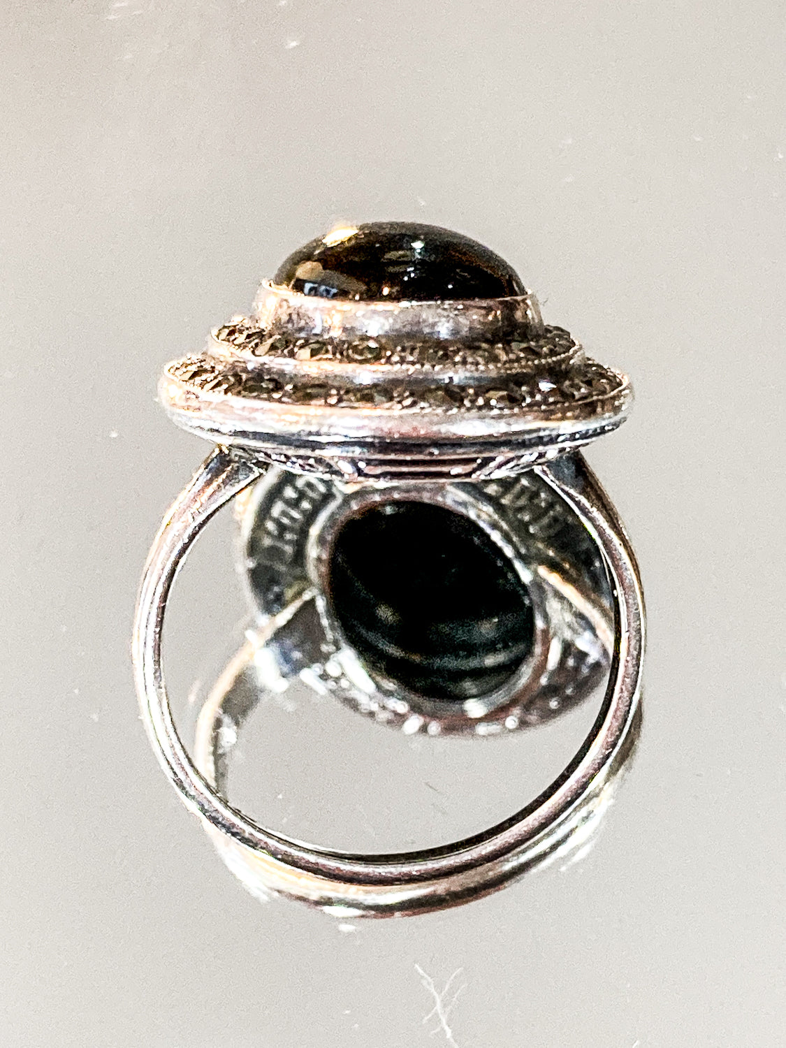 Vintage Sterling Silver Tiered Marcasite Black Oval Cabochon Ring