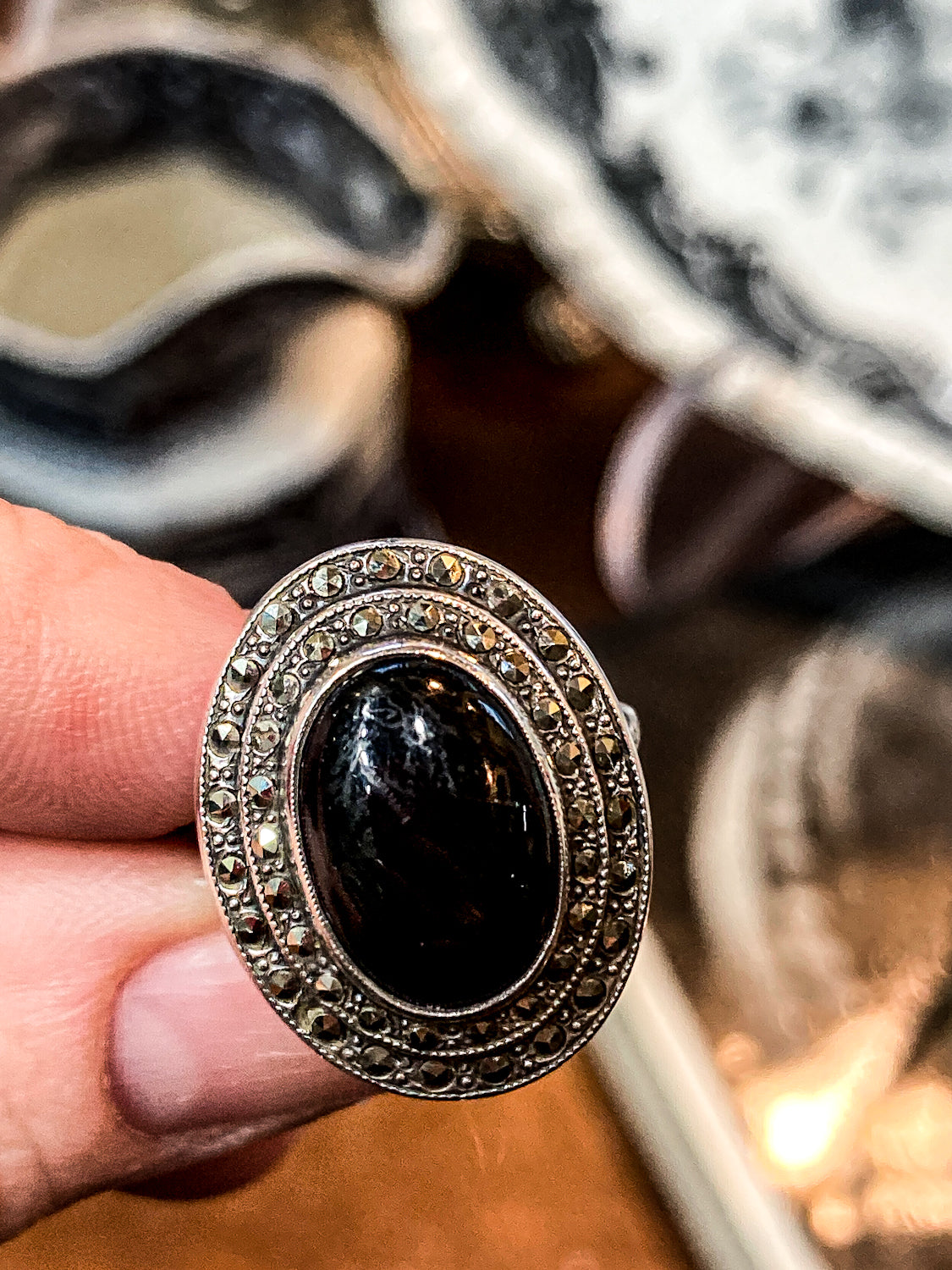 Vintage Sterling Silver Tiered Marcasite Black Oval Cabochon Ring