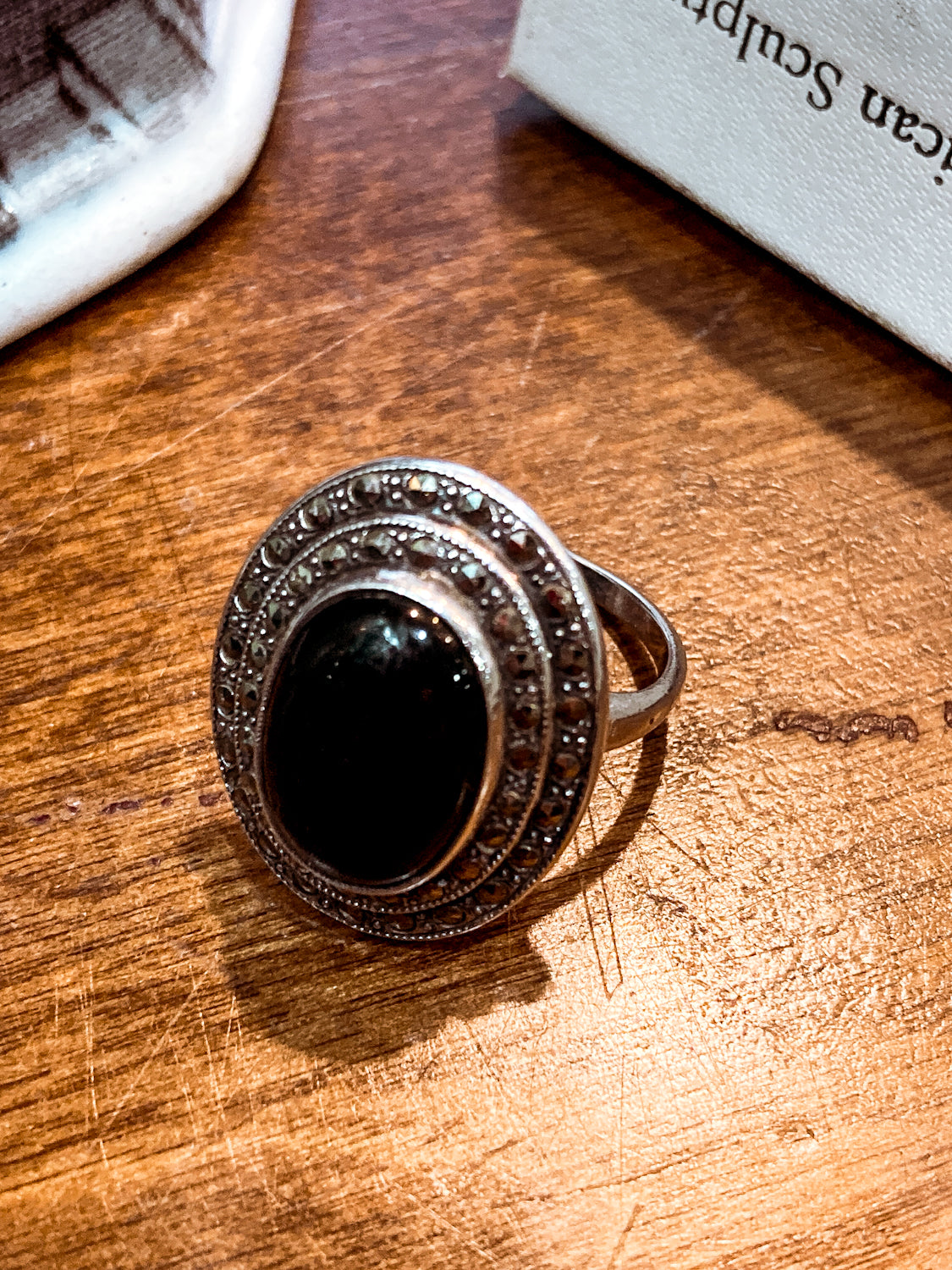 Vintage Sterling Silver Tiered Marcasite Black Oval Cabochon Ring