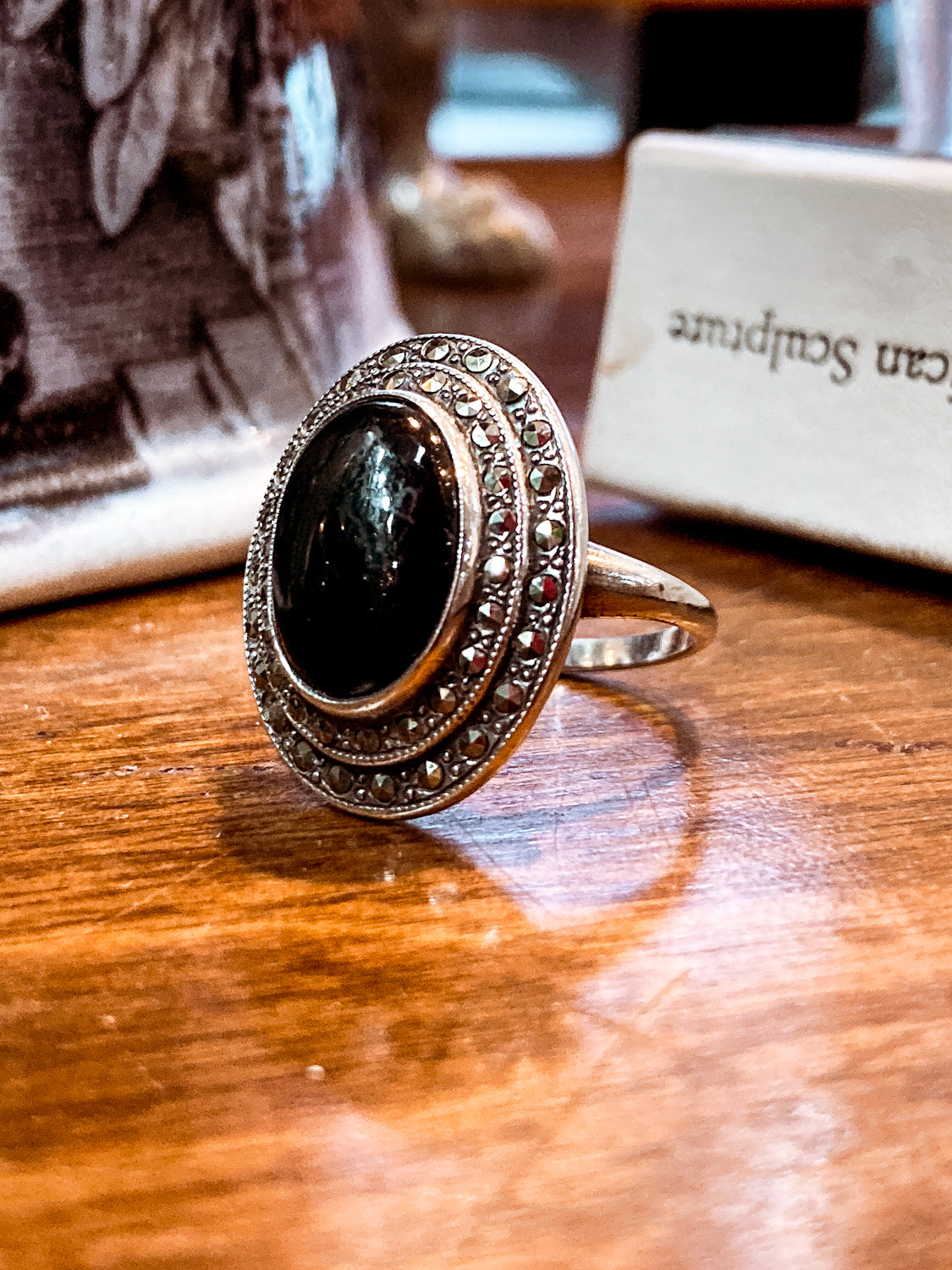 Vintage Sterling Silver Tiered Marcasite Black Oval Cabochon Ring