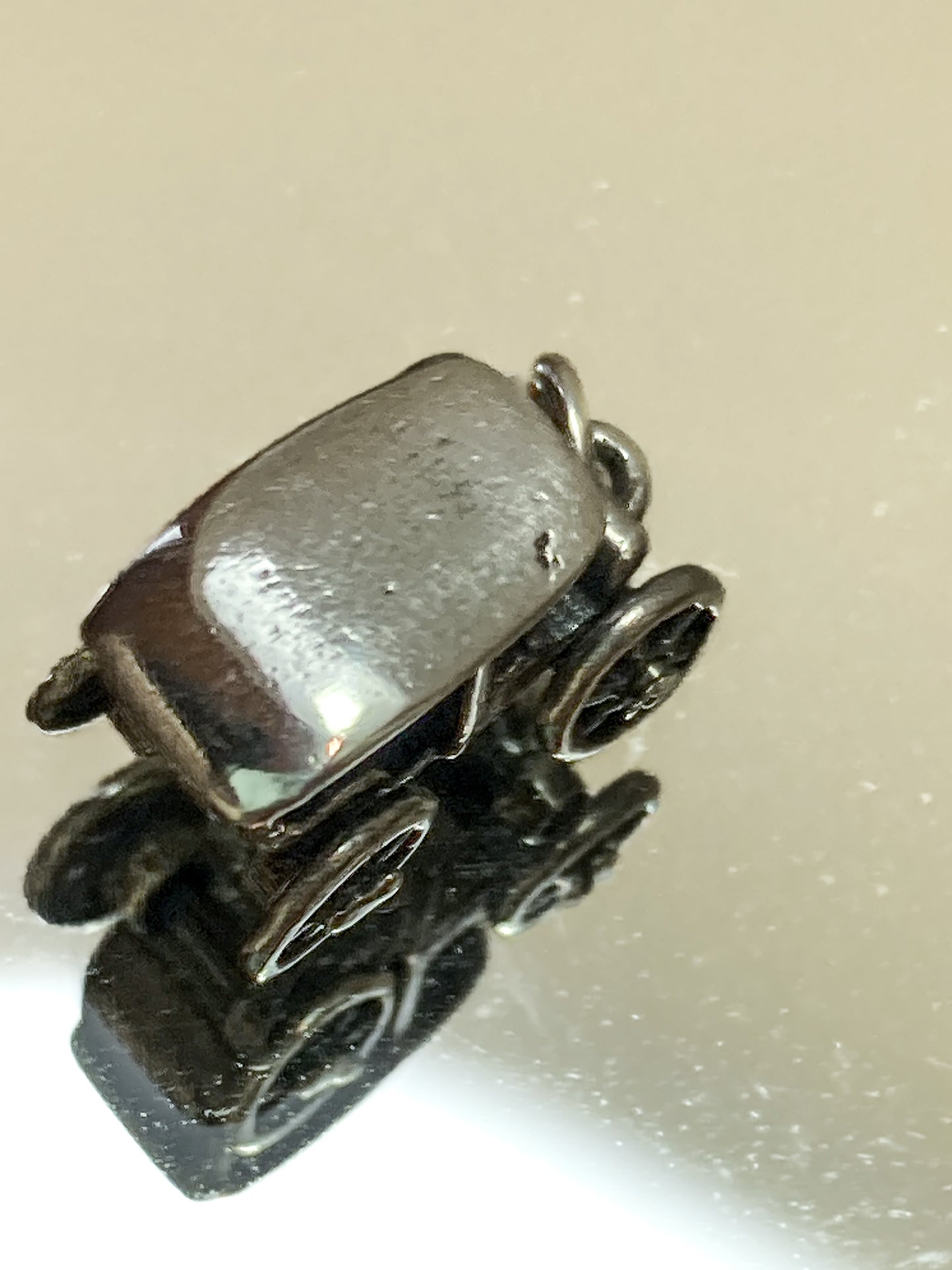 Vintage Sterling Silver Miniature Antique Automobile Car Charm Jewelry white mirrored background