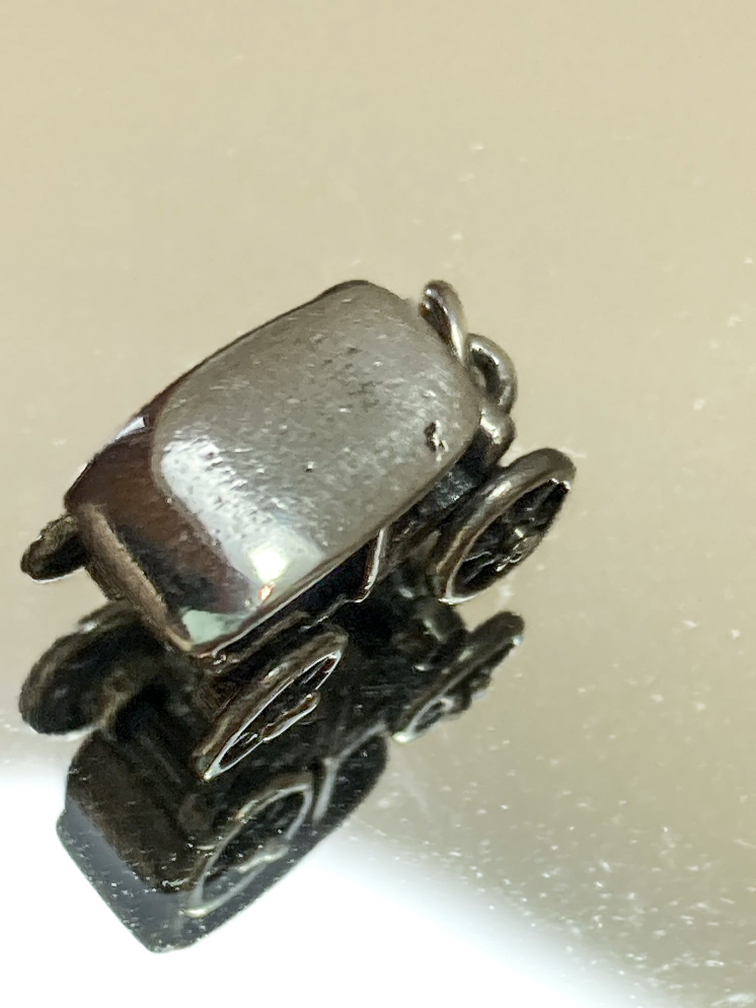 Vintage Sterling Silver Miniature Antique Automobile Car Charm Jewelry white mirrored background