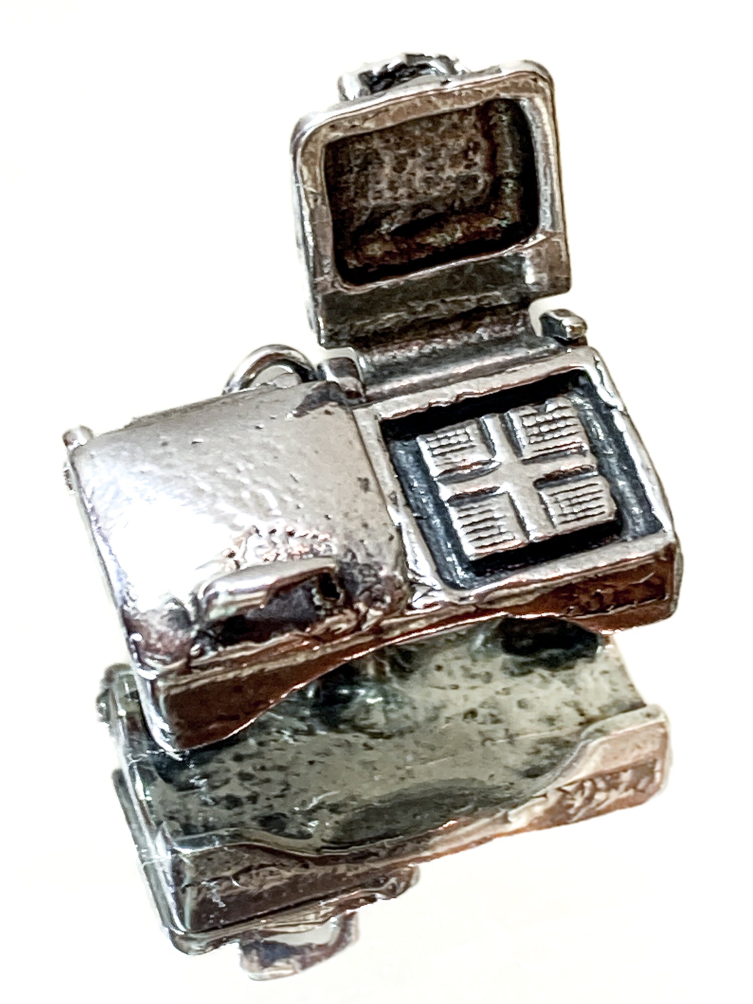 Vintage Sterling Silver Miniature Double Waffle Iron Griddle Charm Jewelry white mirrored background