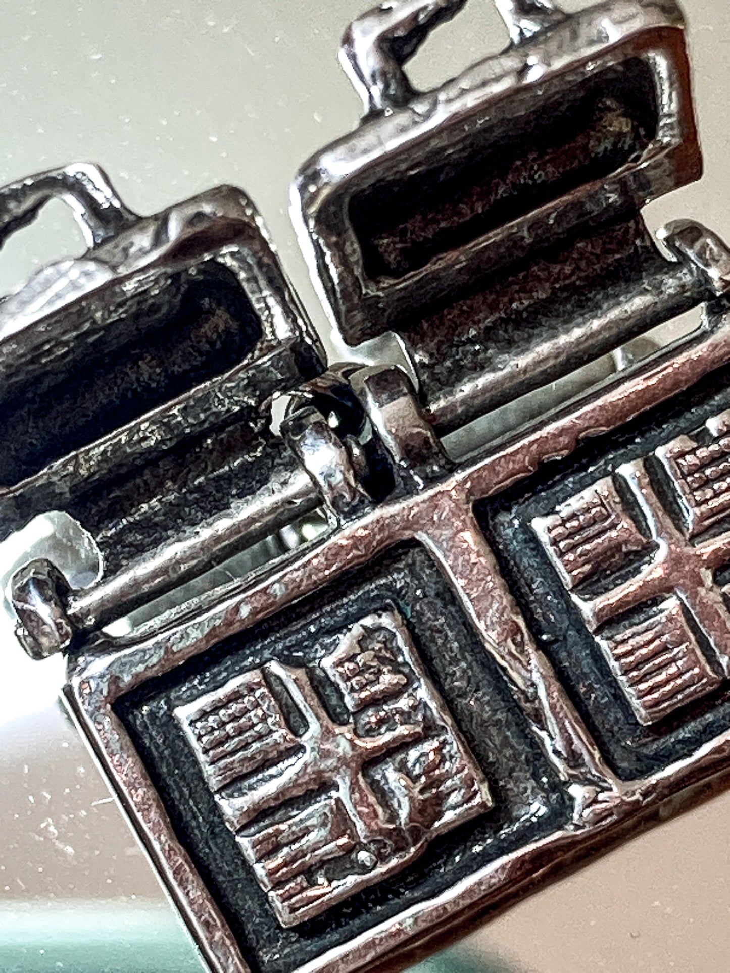 Vintage Sterling Silver Miniature Double Waffle Iron Griddle Charm Jewelry white mirrored background