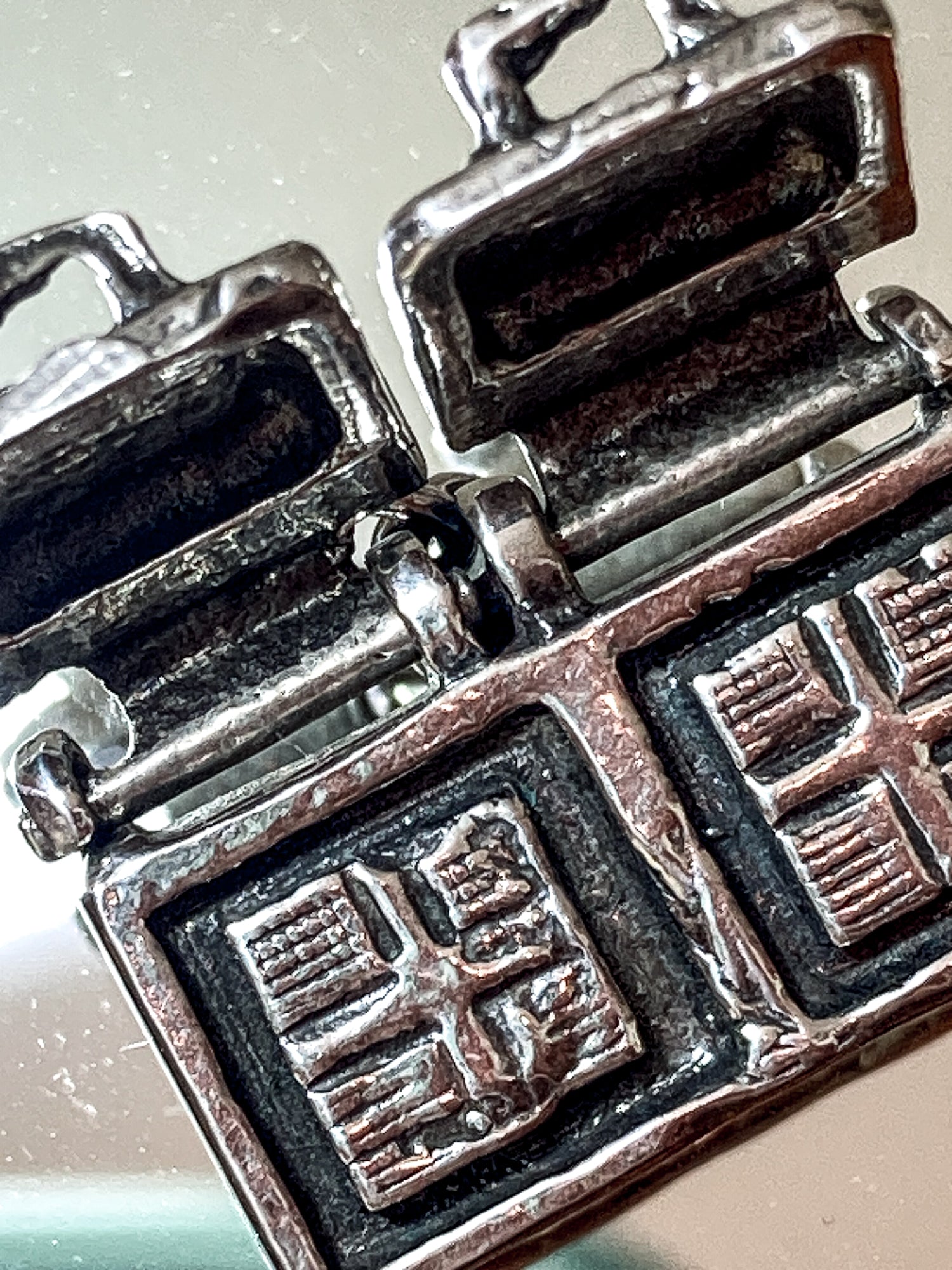 Vintage Sterling Silver Miniature Double Waffle Iron Griddle Charm Jewelry white mirrored background
