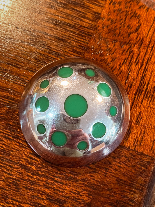Vintage TAXCO Mexico Sterling Silver Green Domed Circle Brooch
