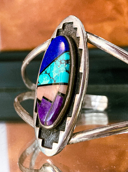 Vintage Temé Navajo Sterling Silver Geometric Stone Inlay Cuff Bracelet