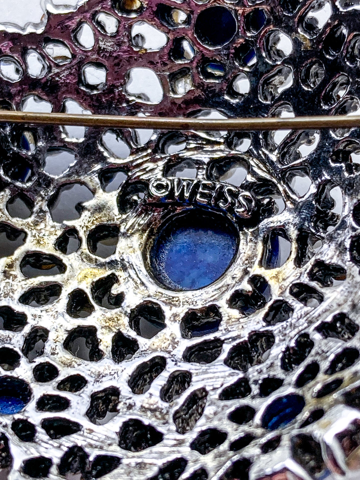 Vintage Weiss Blue Rhinestone Seed Pearl Faux Lapis Statement Brooch Pin