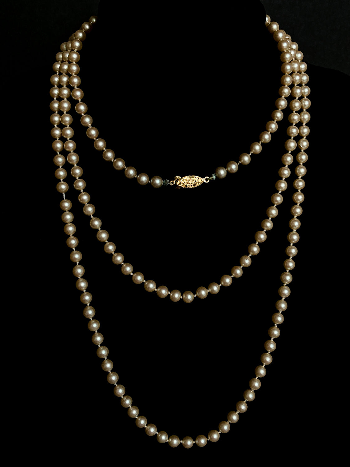 Vintage Yellow Gold Plated Silver Hand Knotted Extra Long Pearl Necklace