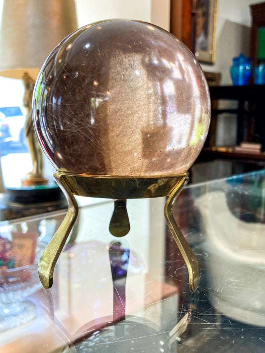 Vintage Yellow Tourmaline Stone Sphere Crystal Ball Brass Footed Stand