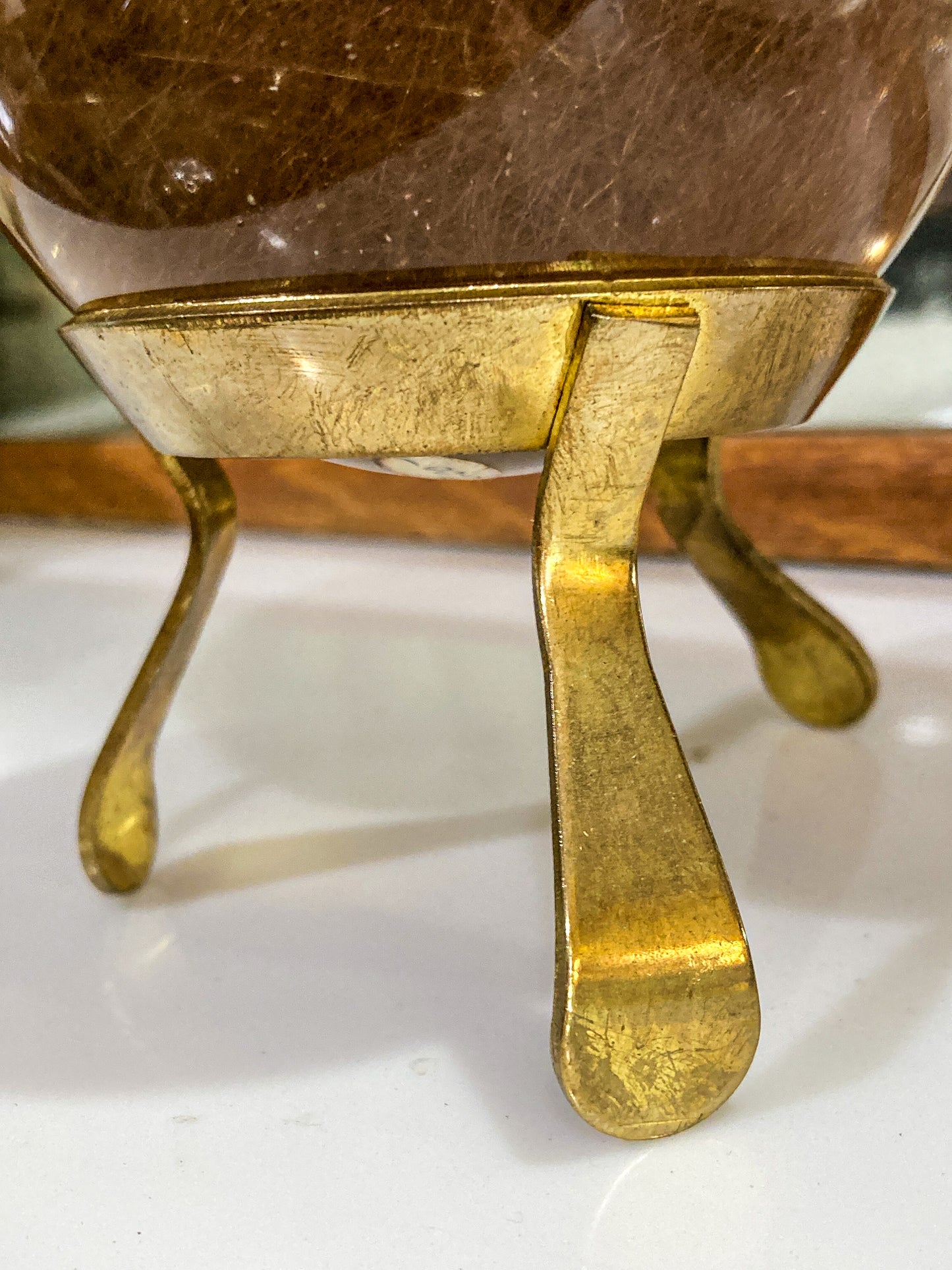 Vintage Yellow Tourmaline Stone Sphere Crystal Ball Brass Footed Stand